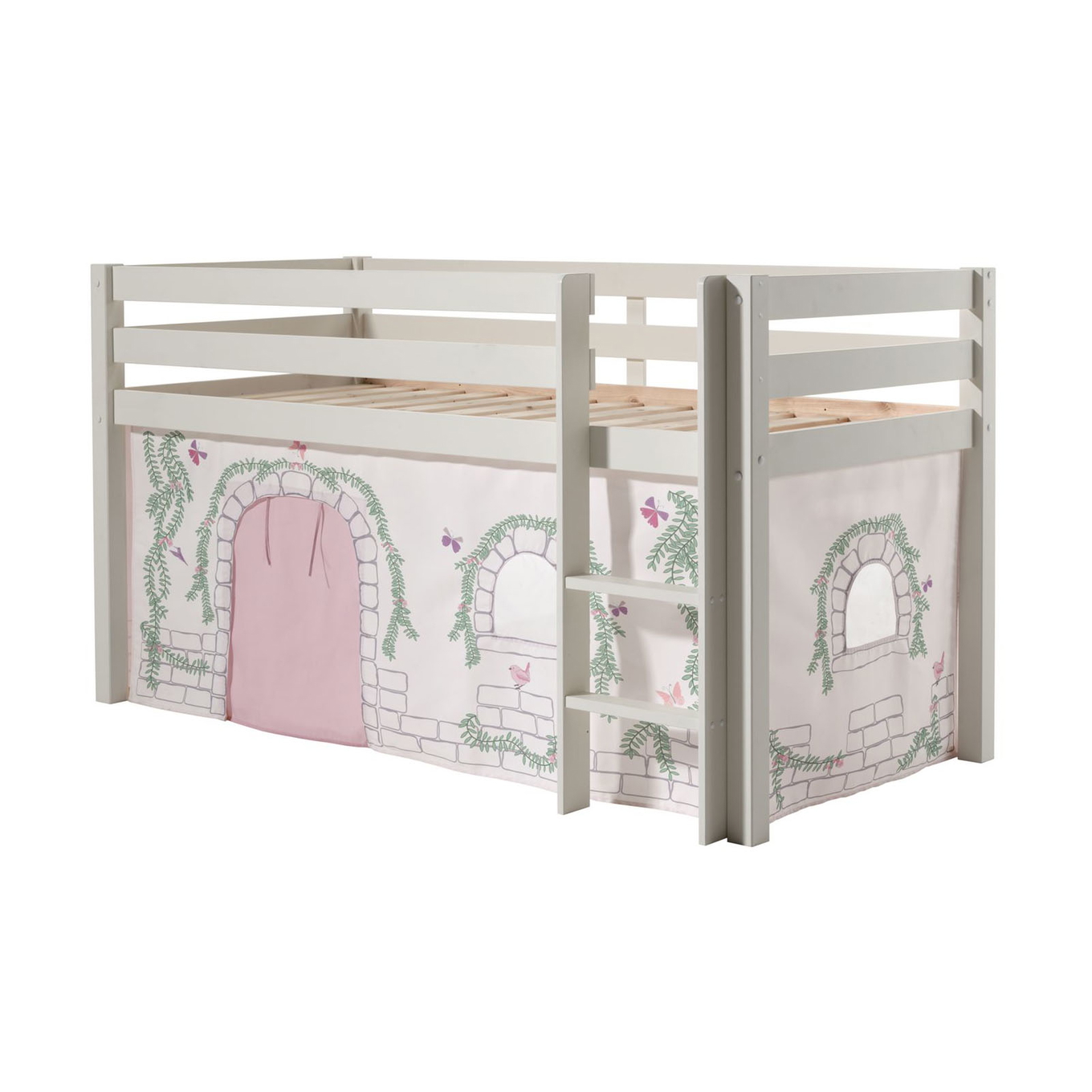 Halbhohes Bett Birdy Weiss, mit Spielvorhang