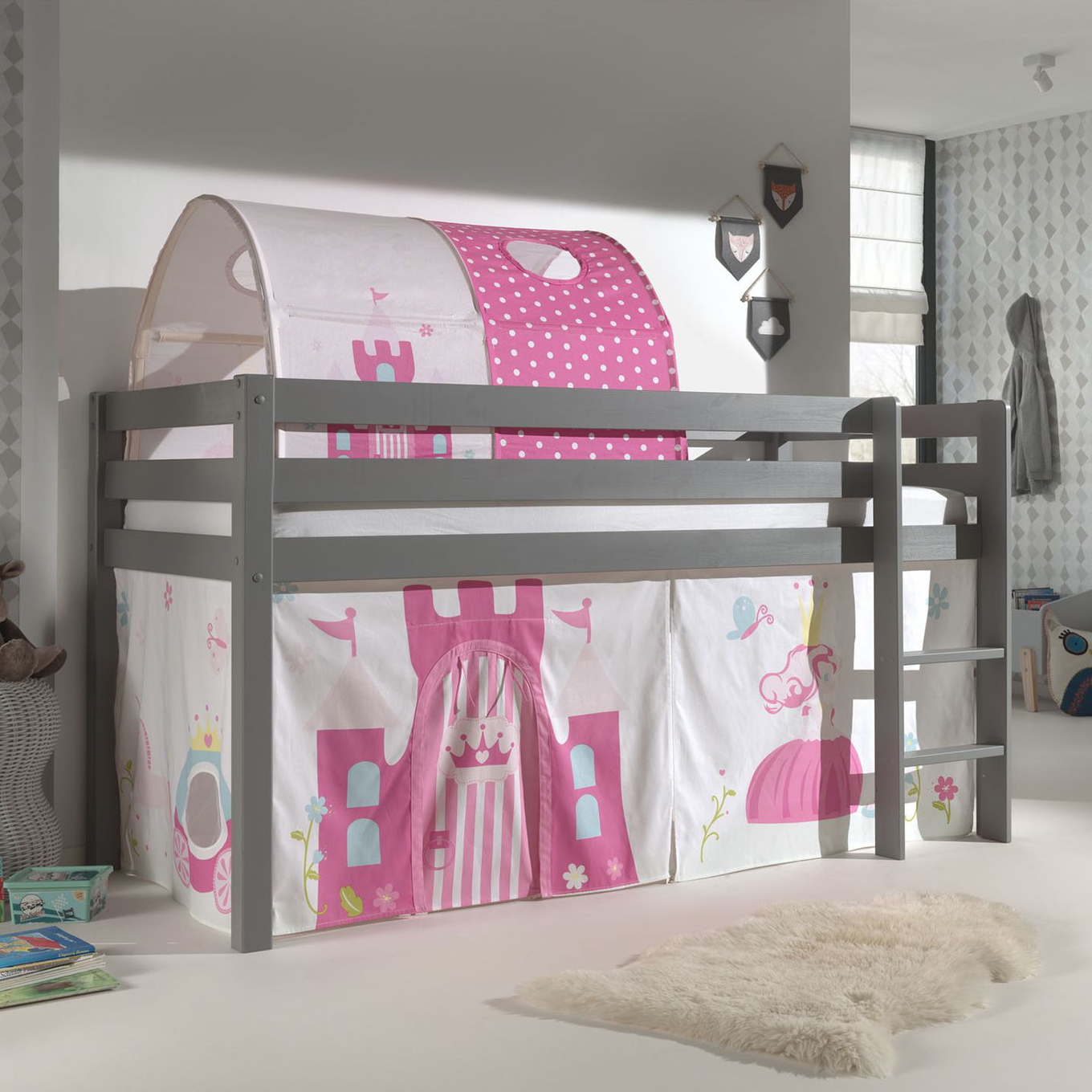 Halbhohes Bett Princess Grau, mit Spielvorhang und Höhle #2