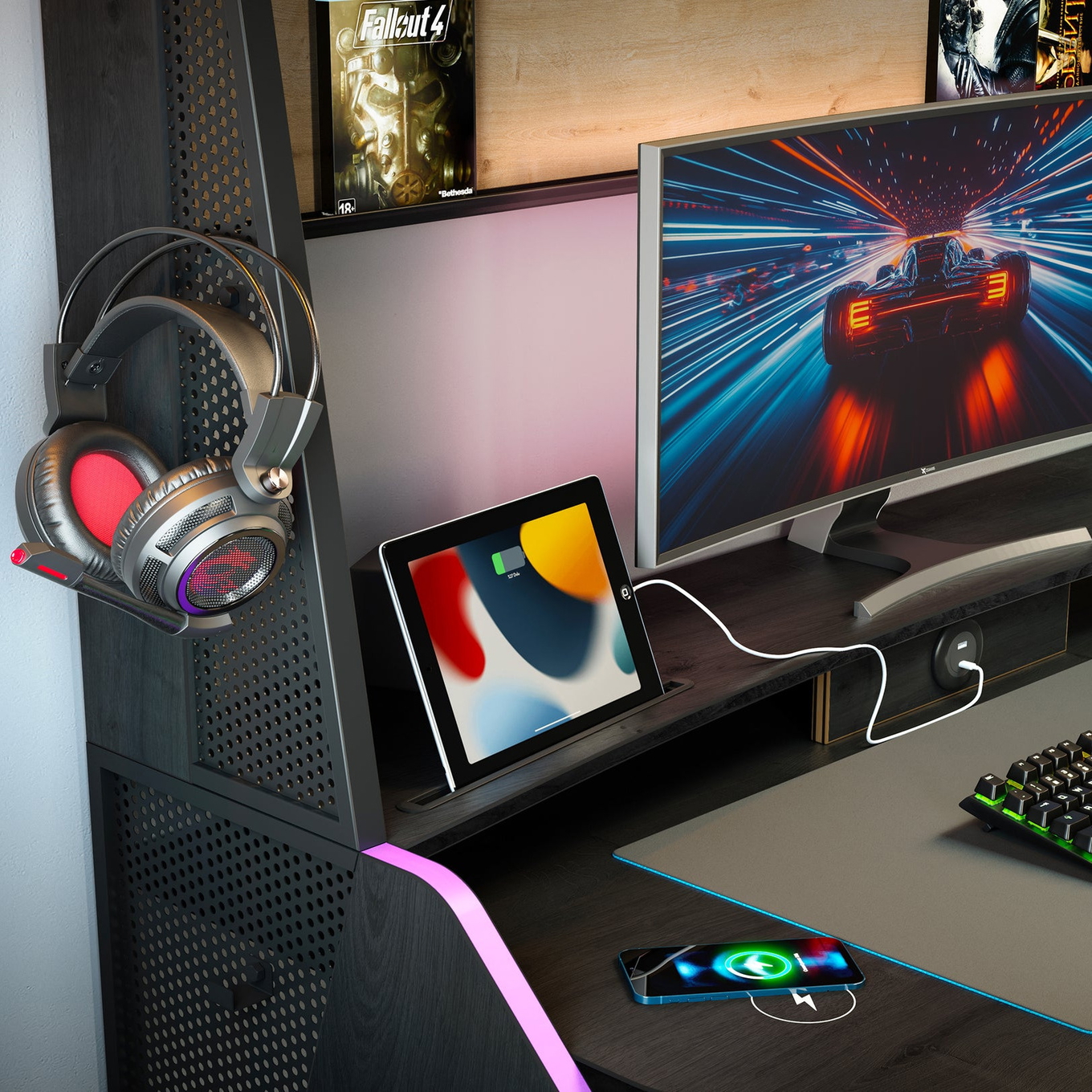 Schreibtisch Gaming Black mit Aufsatz 4