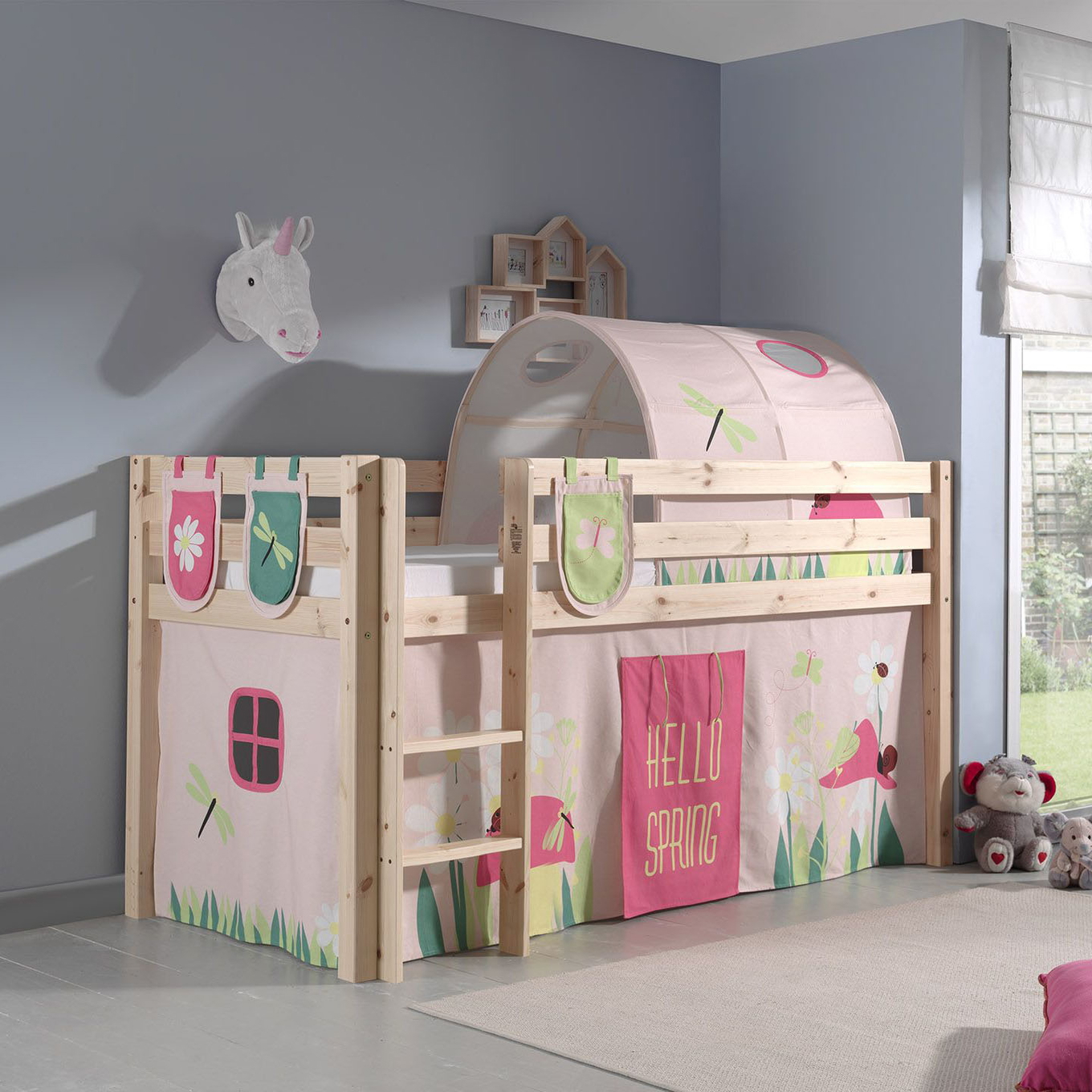 Halbhohes Bett Pino Spring Holz, mit Spielvorhang, Höhle und Betttaschen #2