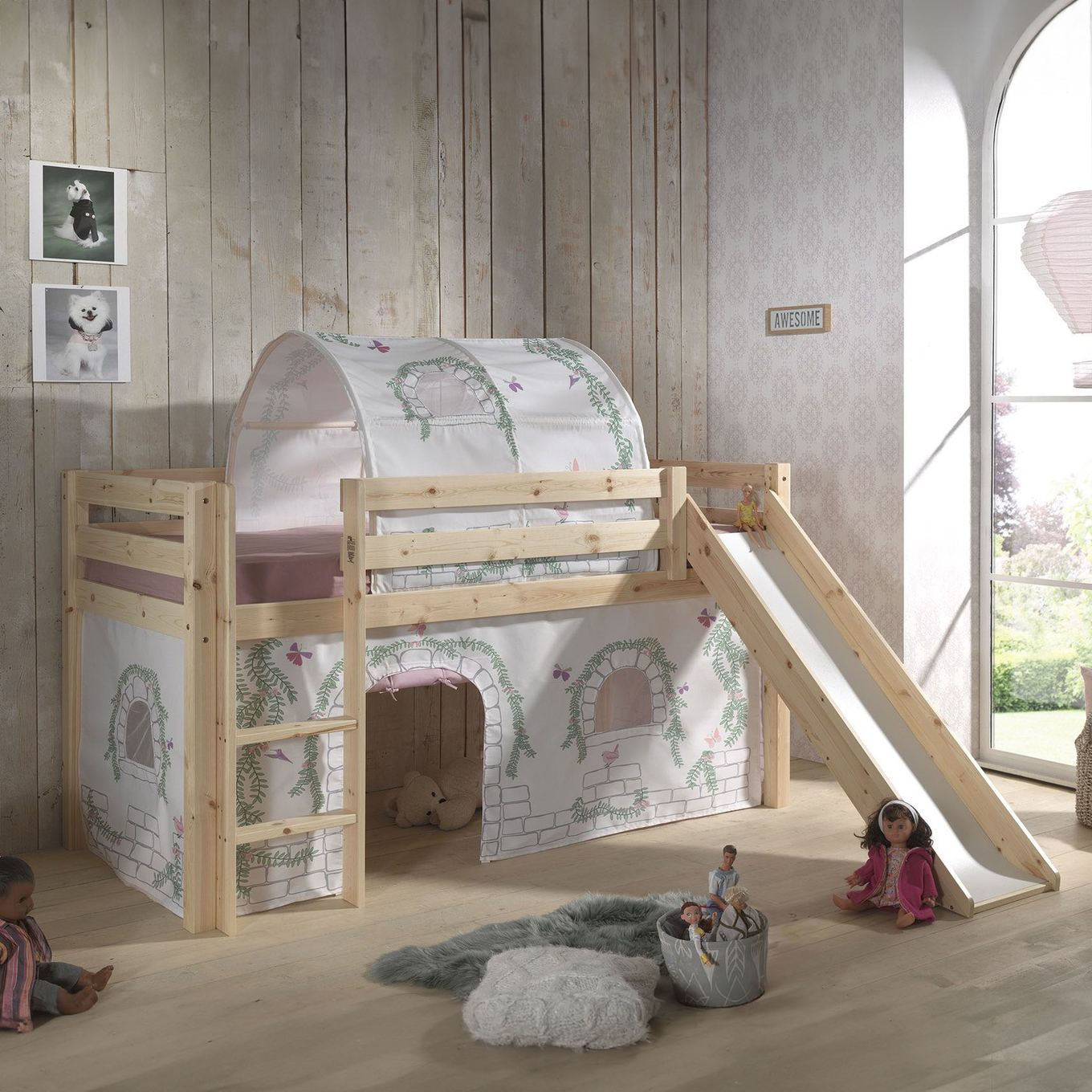 Halbhohes Bett Birdy mit Rutsche Holz, mit Spielvorhang und Höhle #2