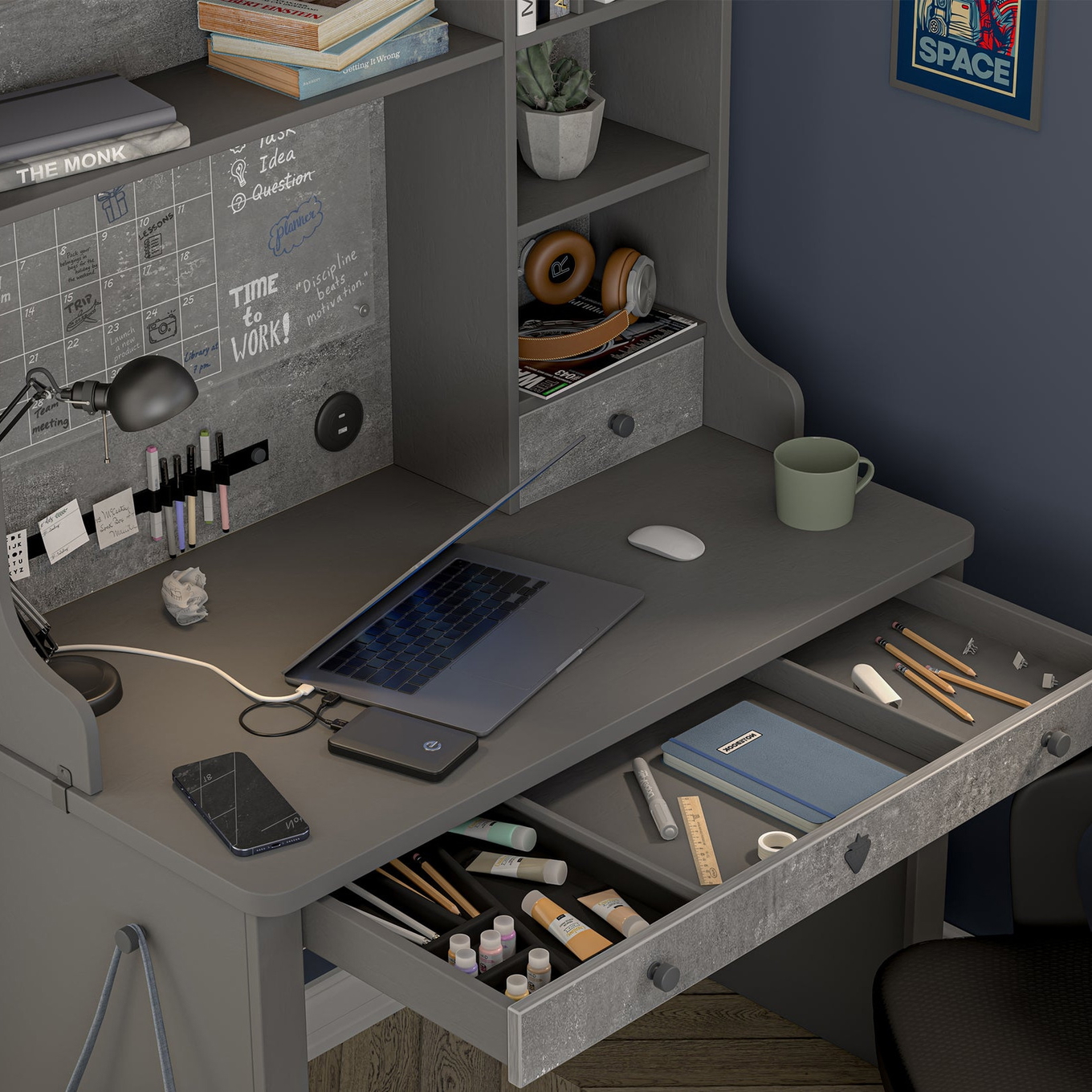 Schreibtisch Space Gray mit Aufsatz 3