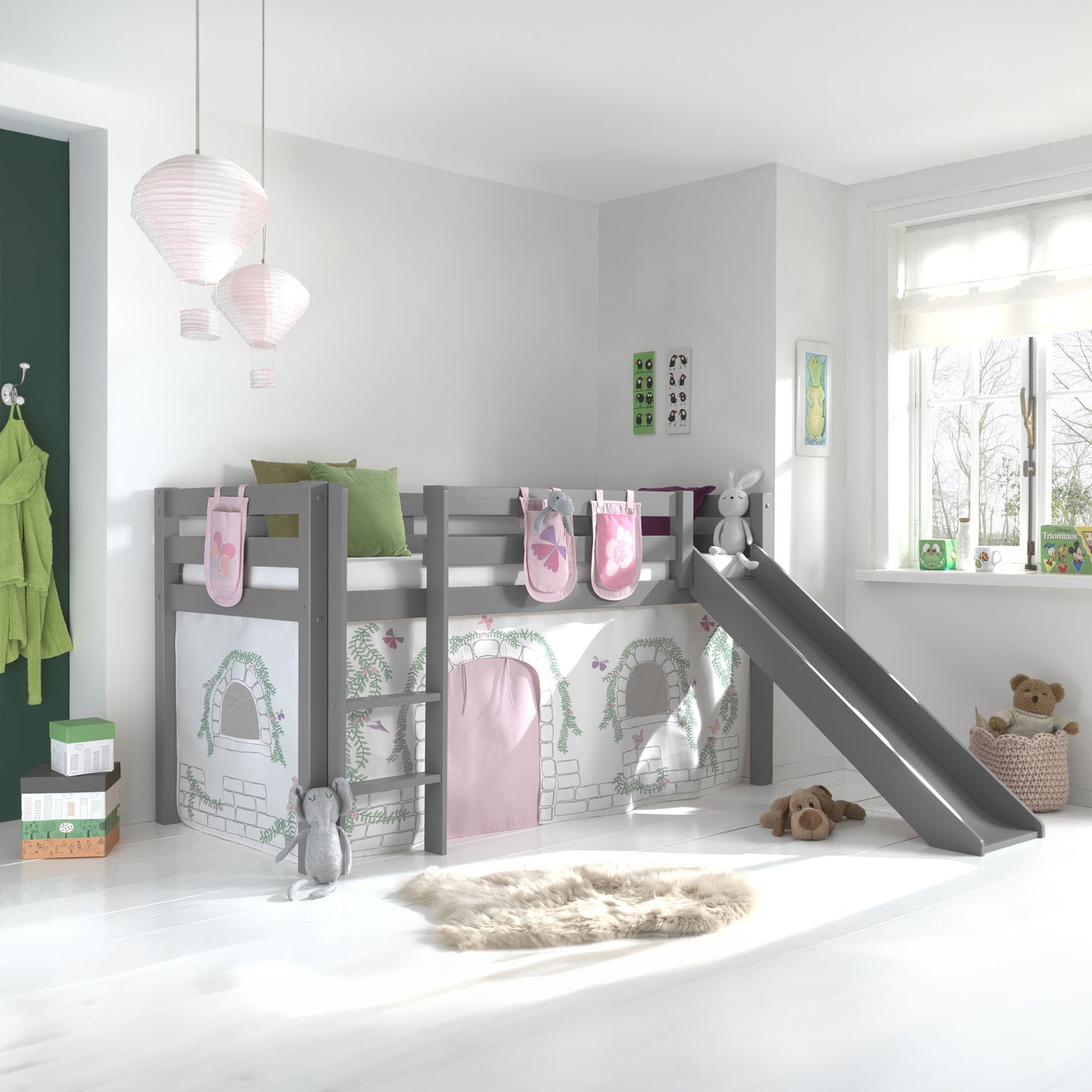 Halbhohes Bett Birdy mit Rutsche Grau, mit Spielvorhang und Betttaschen #2