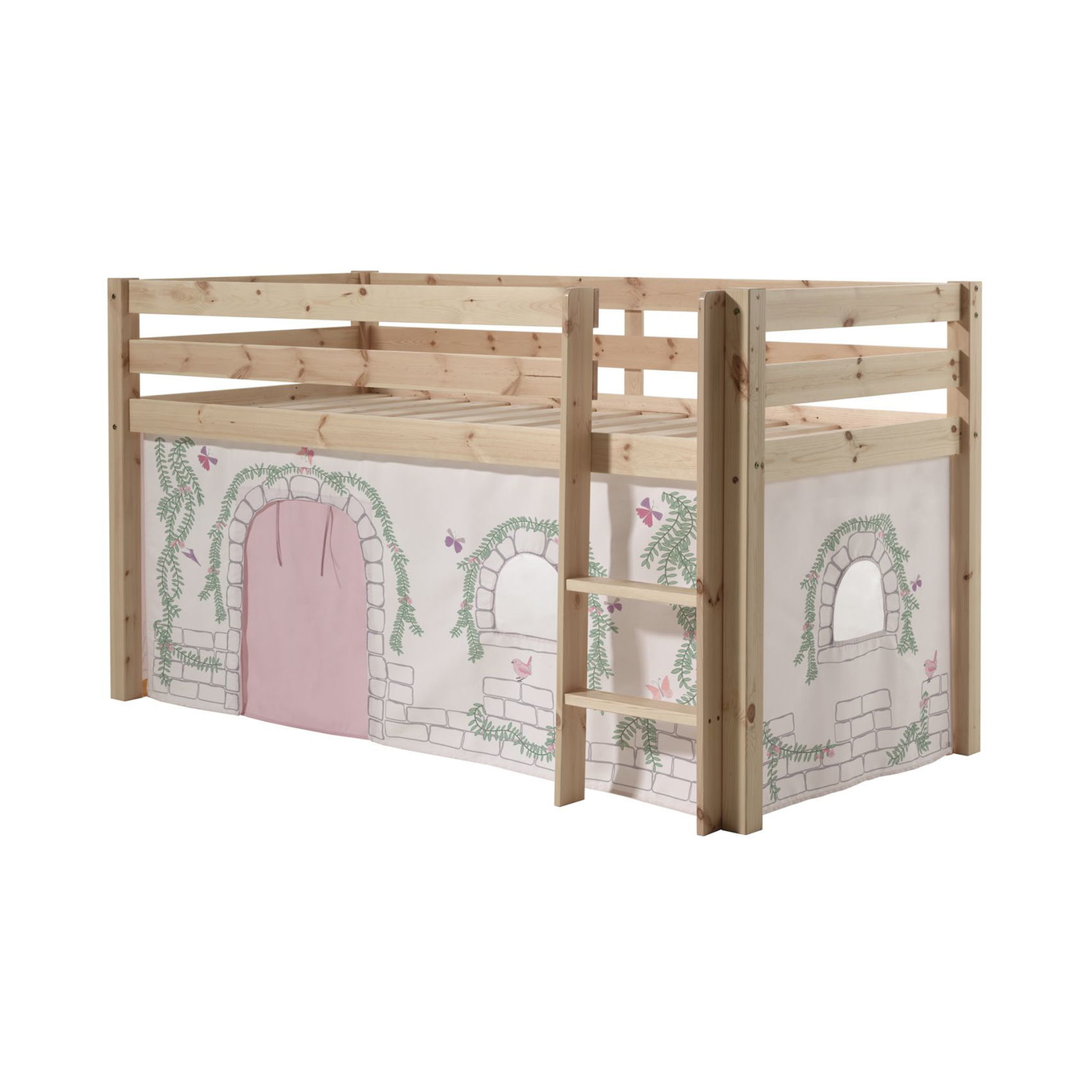 Halbhohes Bett Birdy Holz, mit Spielvorhang