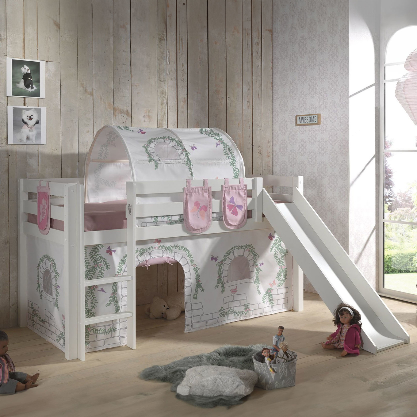 Halbhohes Bett Birdy mit Rutsche Weiss, mit Spielvorhang, Höhle und Betttaschen #2