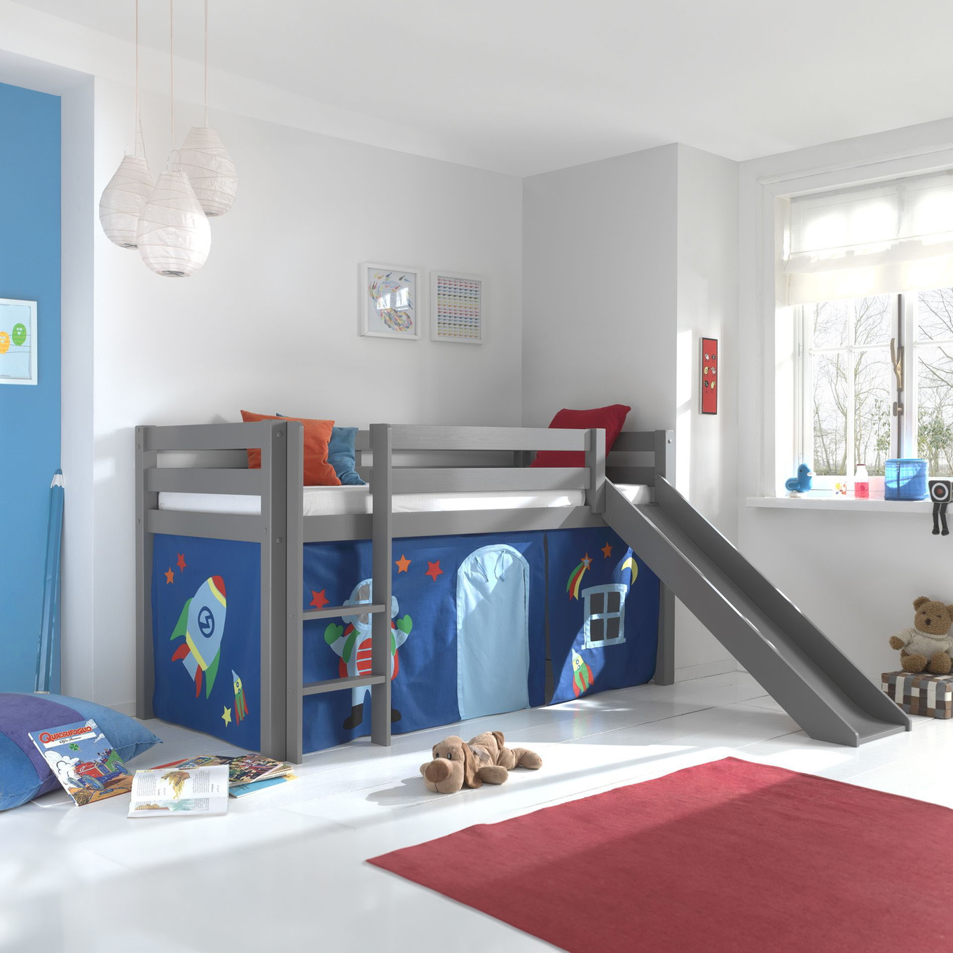 Halbhohes Bett Astro mit Rutsche Grau, mit Spielvorhang #2