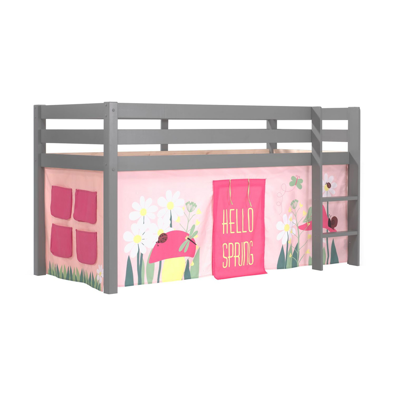 Halbhohes Bett Pino Spring Grau, mit Spielvorhang