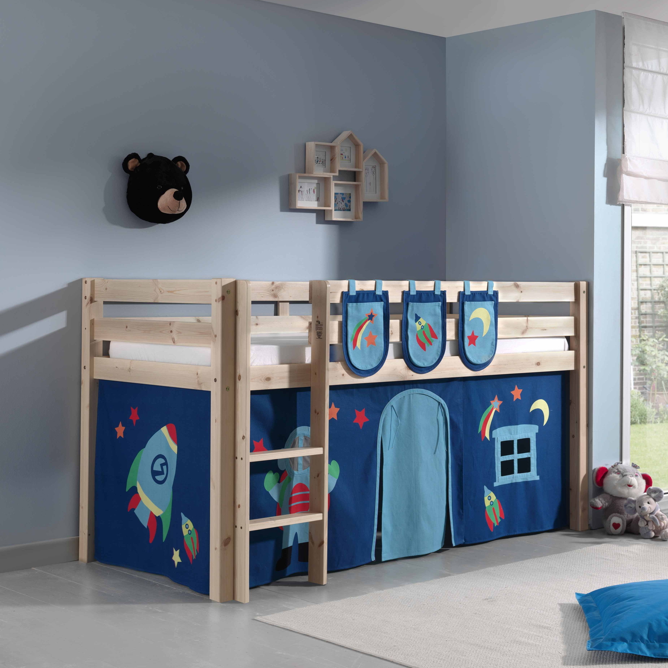 Halbhohes Bett Astro Holz, mit Spielvorhang und Betttaschen #2