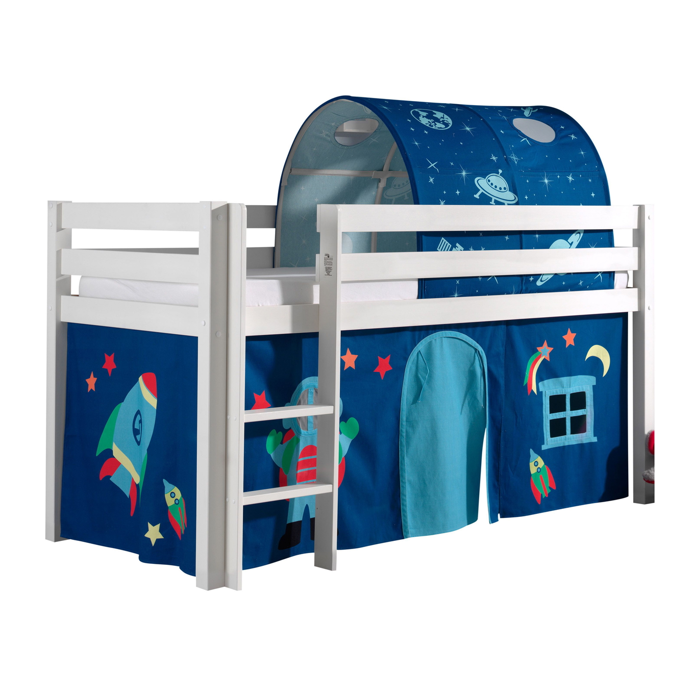 Halbhohes Bett Astro Weiss, mit Spielvorhang und Höhle