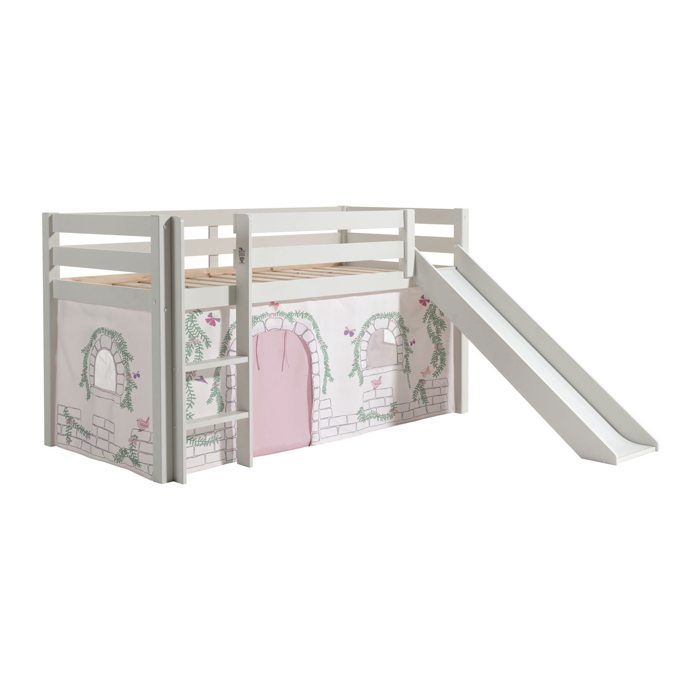 Halbhohes Bett Birdy mit Rutsche Weiss, mit Spielvorhang