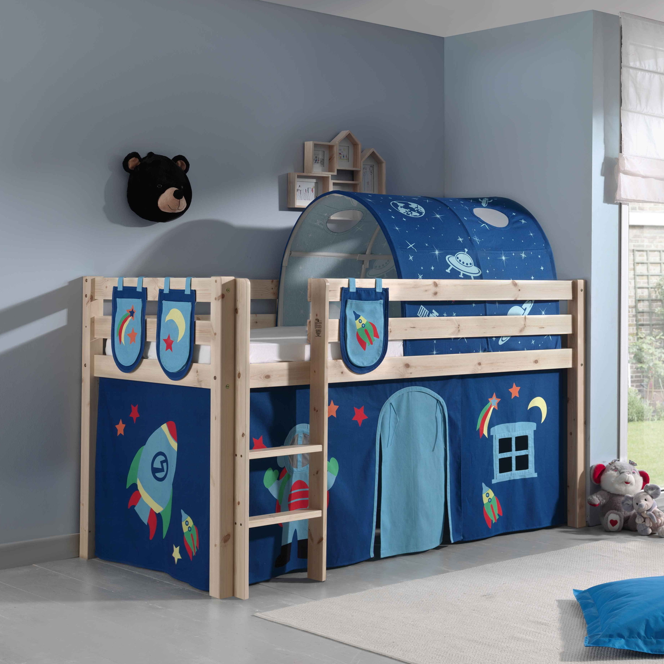 Halbhohes Bett Astro Holz, mit Spielvorhang, Höhle und Betttaschen #2