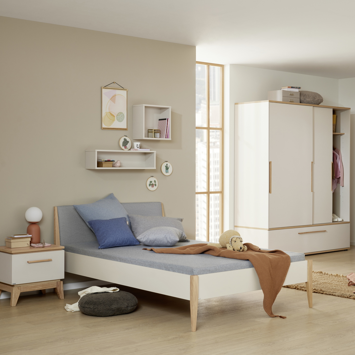 Bett Stiene mit gepolstertem Betthaupt Beige Steingrau, 120 x 200 cm #2