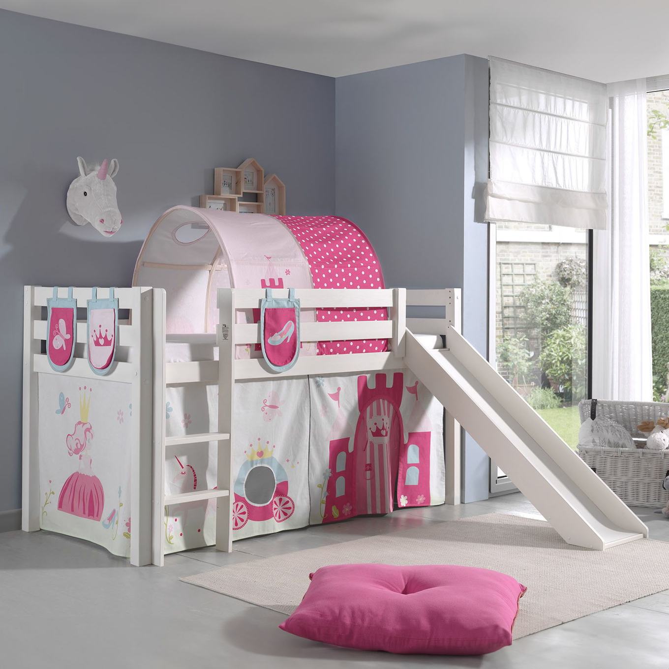 Halbhohes Bett Princess mit Rutsche Weiss, mit Spielvorhang, Höhle und Betttaschen #2