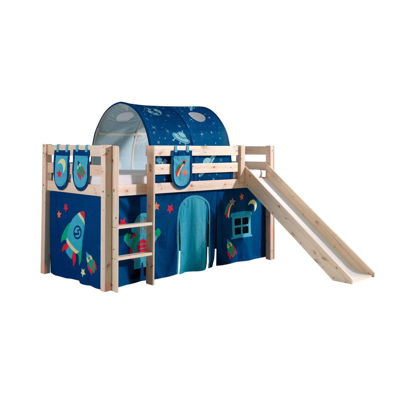 Halbhohes Bett Astro mit Rutsche Holz, mit Spielvorhang, Höhle und Betttaschen