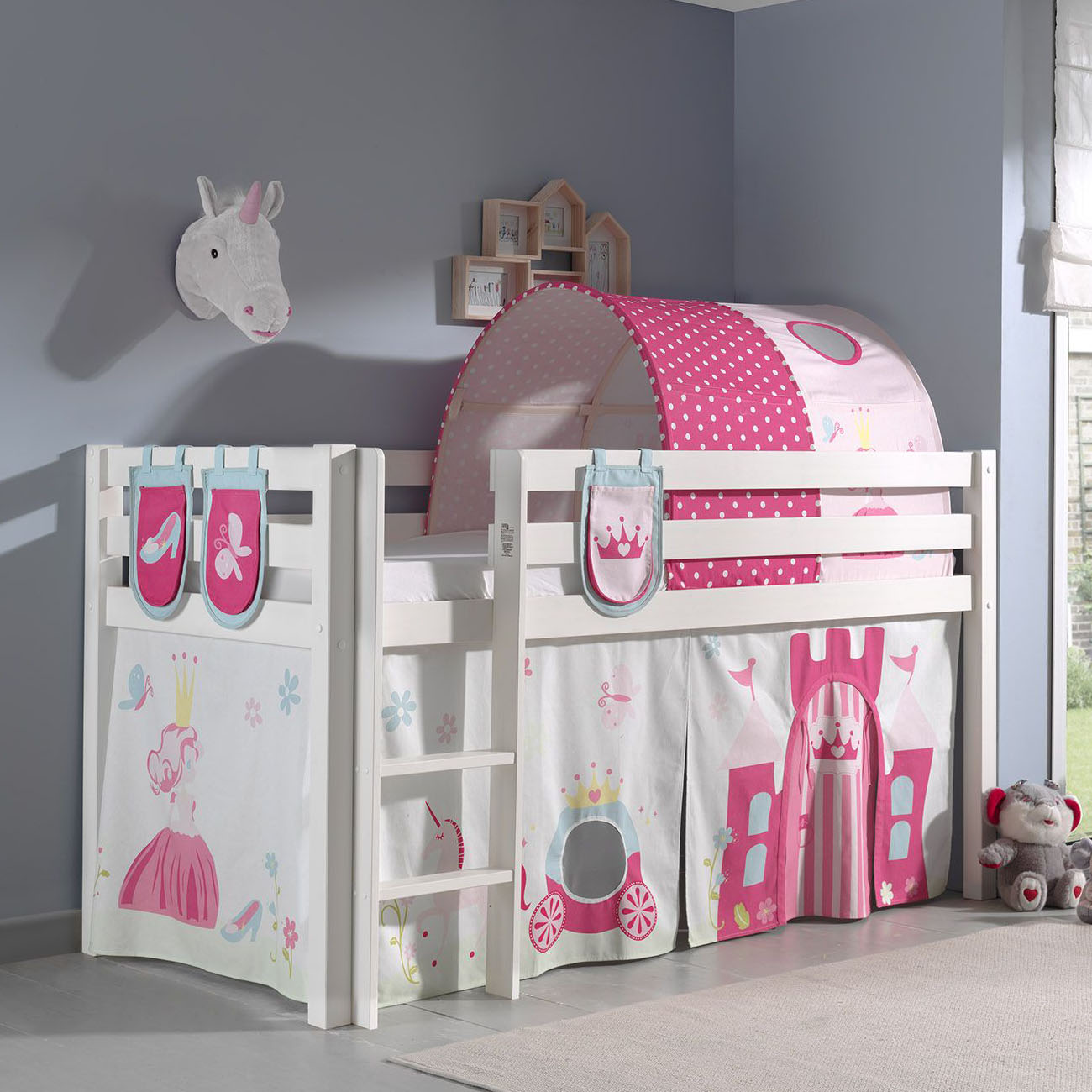 Halbhohes Bett Princess Weiss, mit Spielvorhang, Höhle und Betttaschen #2