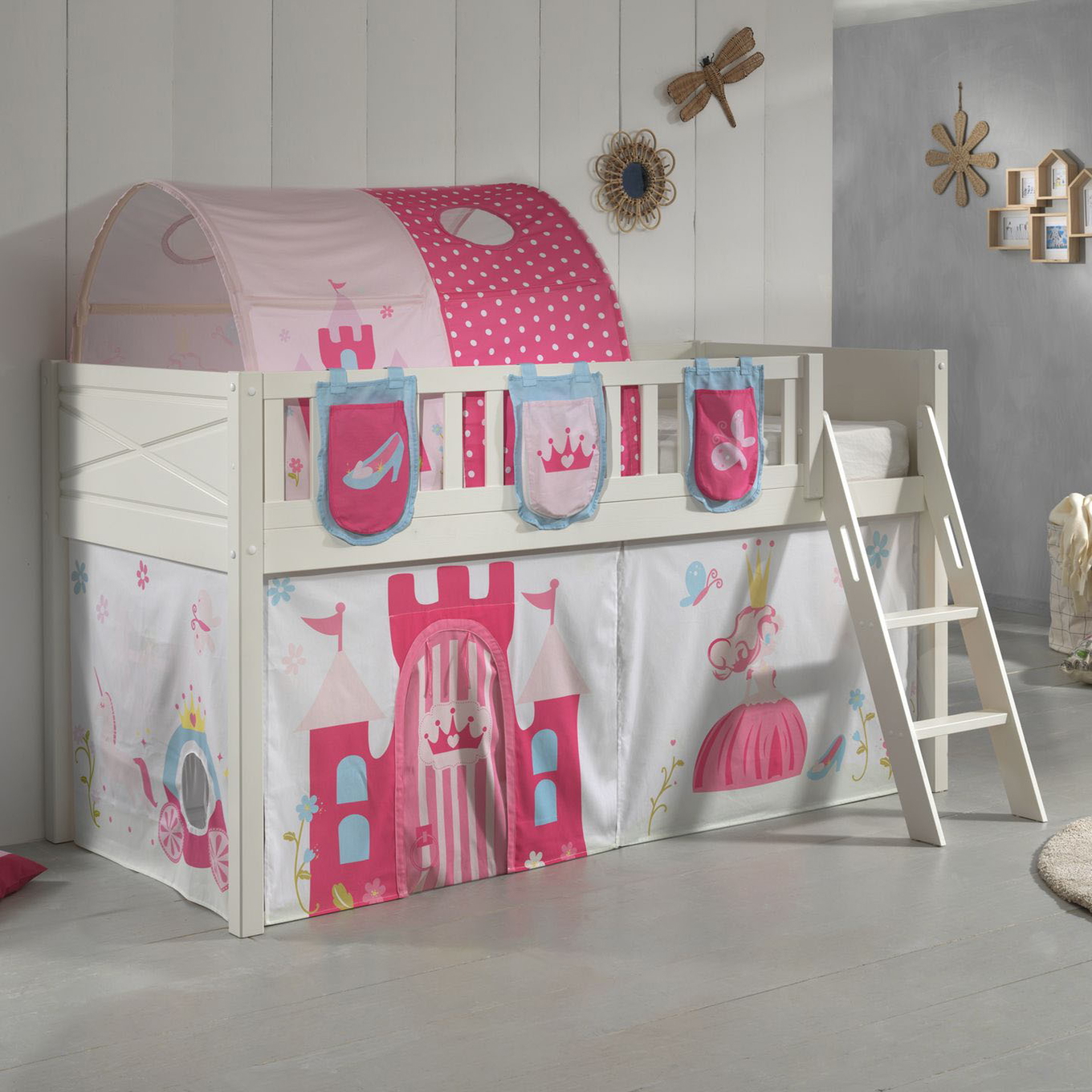 Halbhohes Bett Scott Princess mit Spielvorhang, Höhle und Betttaschen #2