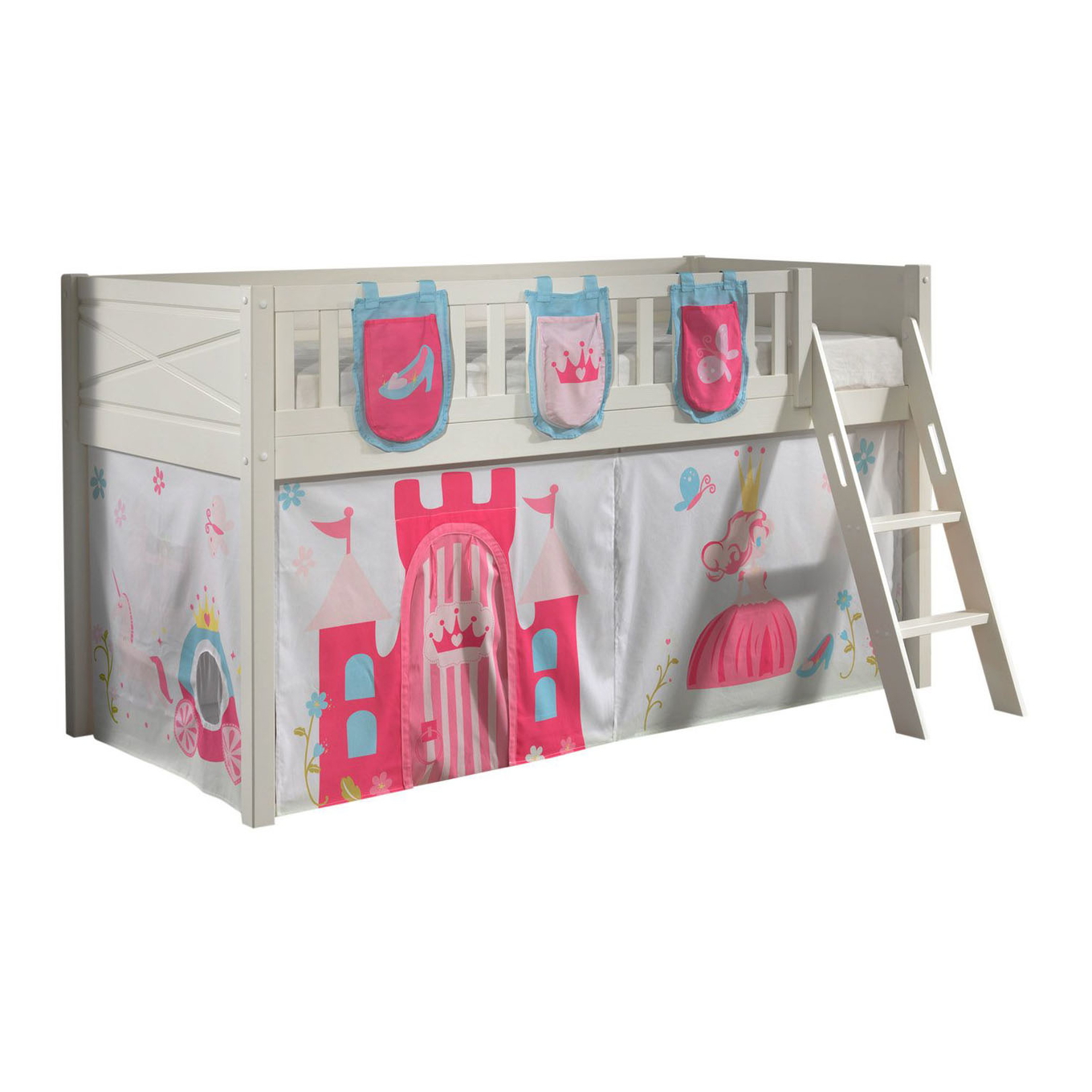 Halbhohes Bett Scott Princess mit Spielvorhang und Betttaschen