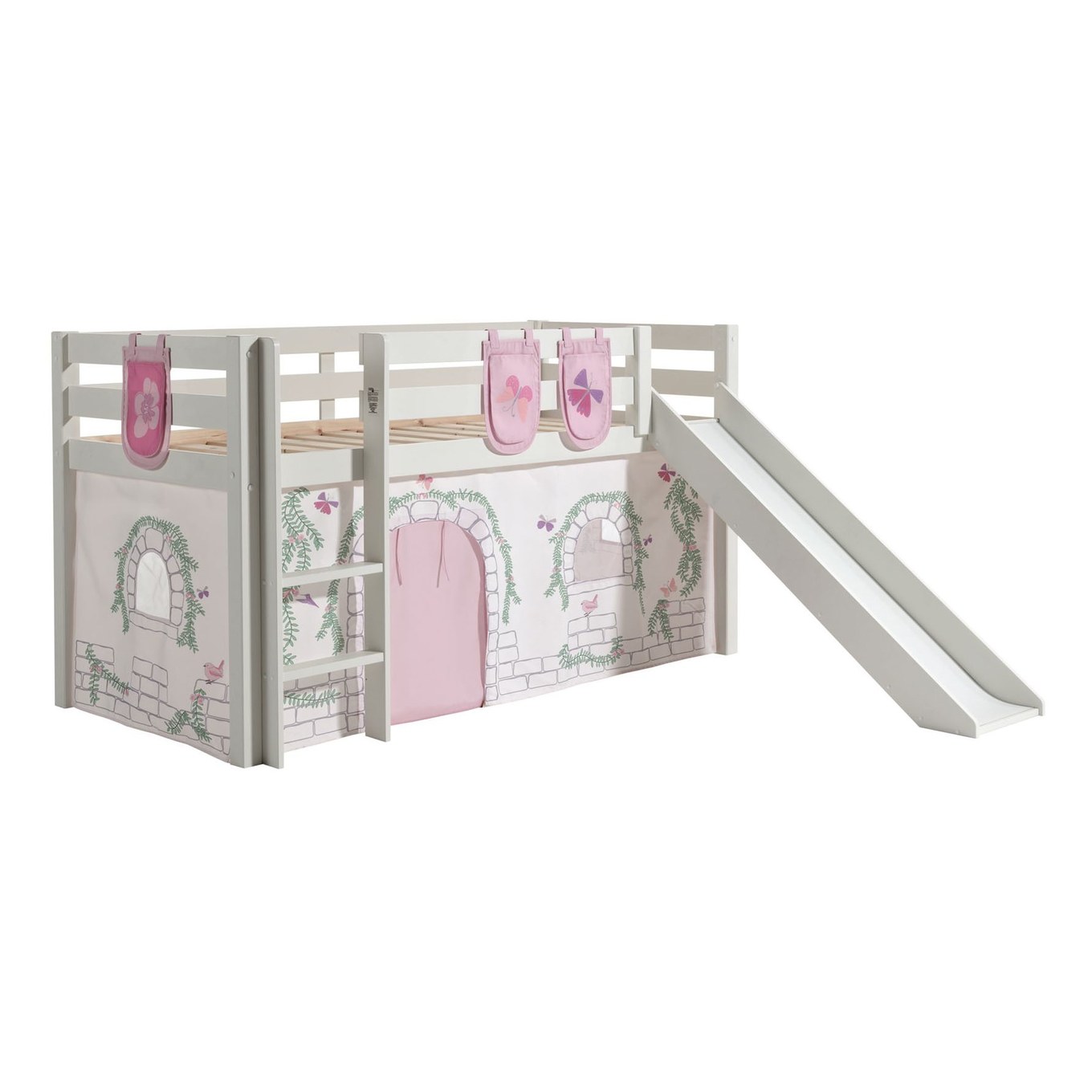 Halbhohes Bett Birdy mit Rutsche Weiss, mit Spielvorhang und Betttaschen