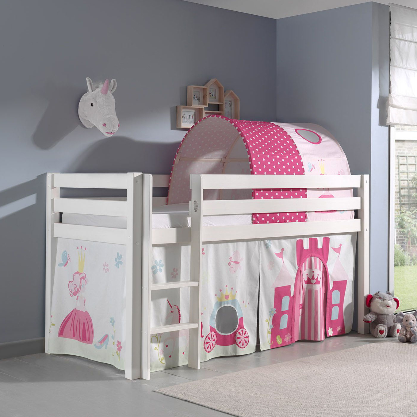 Halbhohes Bett Princess Weiss, mit Spielvorhang und Höhle #2