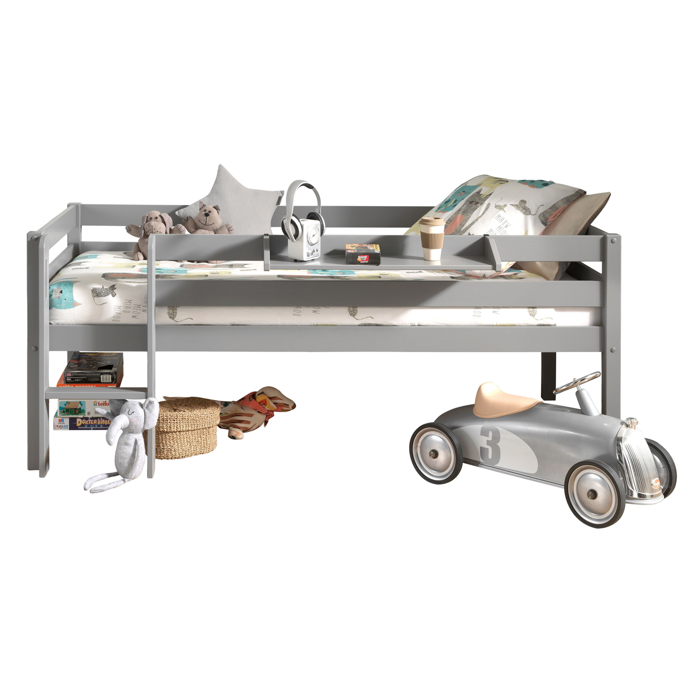 Bett Pino mit Leiter inkl. Hängeablage Grau