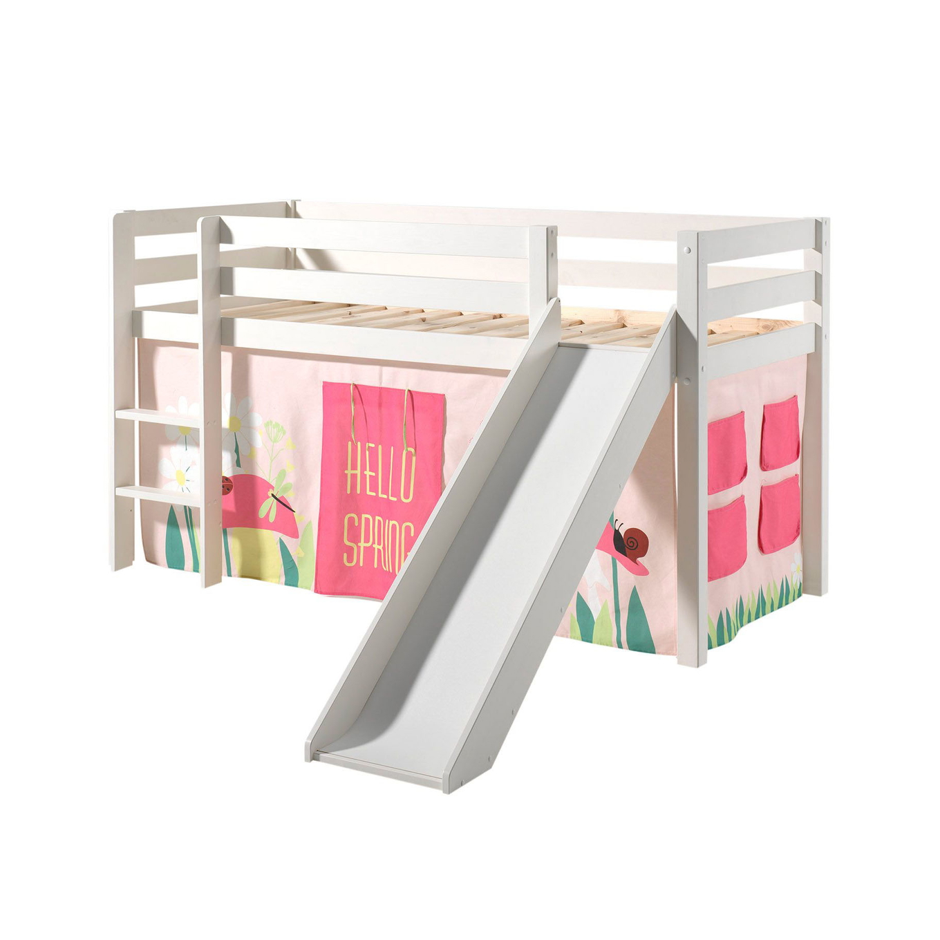 Halbhohes Bett Pino Spring mit Rutsche Weiss, mit Spielvorhang