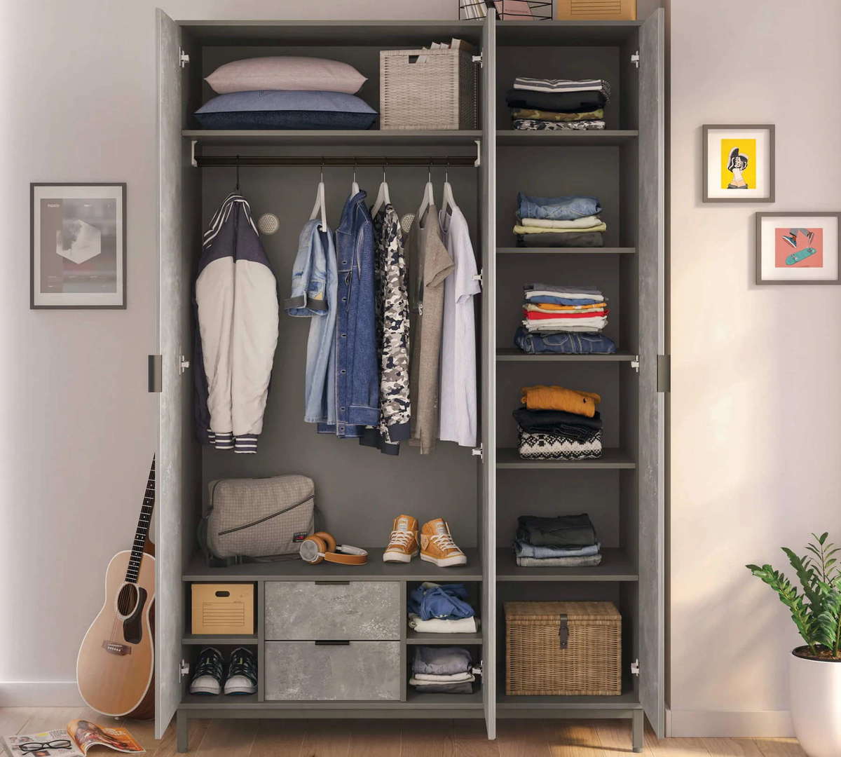 Kleiderschrank Space Gray 3-türig mit Spiegel 4