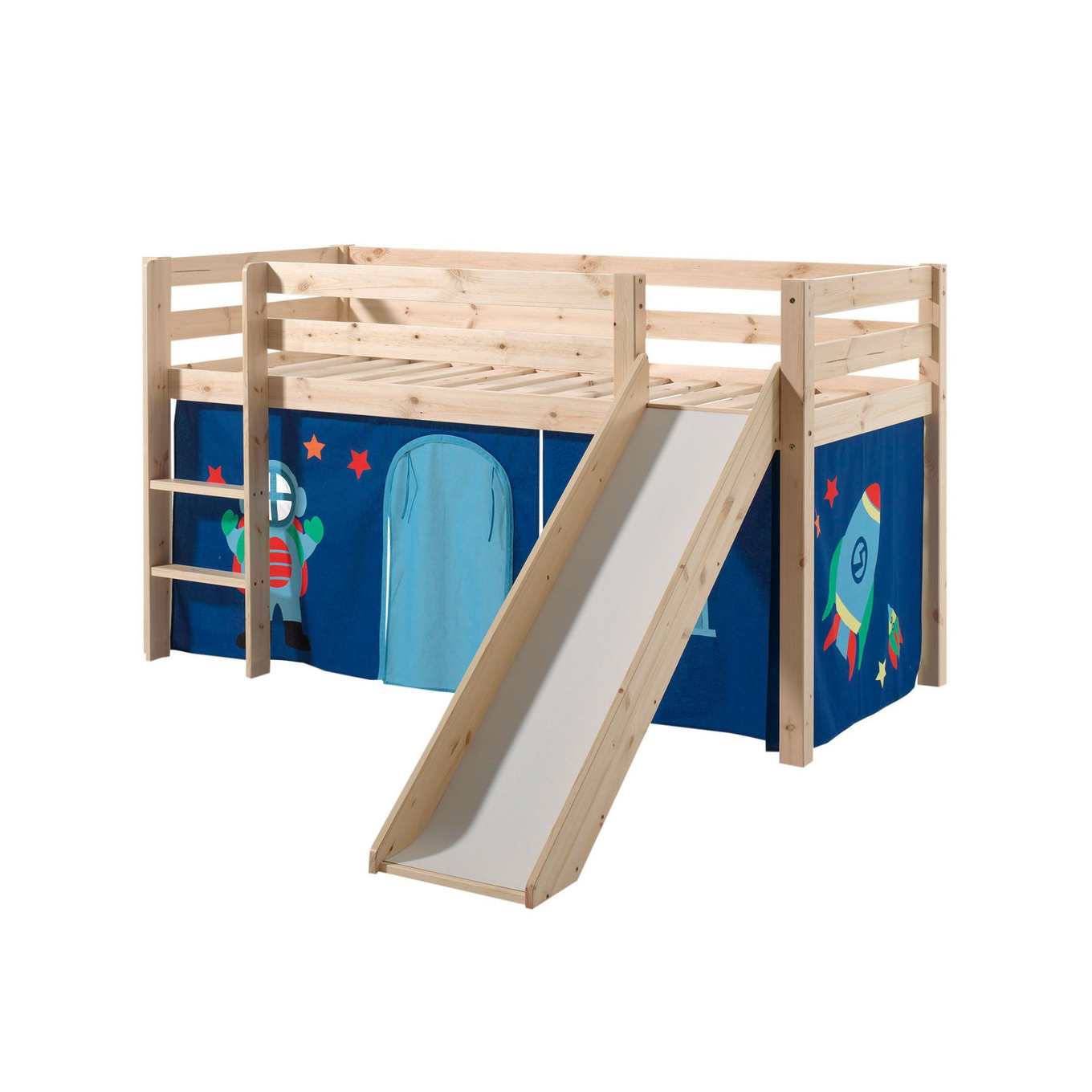 Halbhohes Bett Astro mit Rutsche Holz, mit Spielvorhang