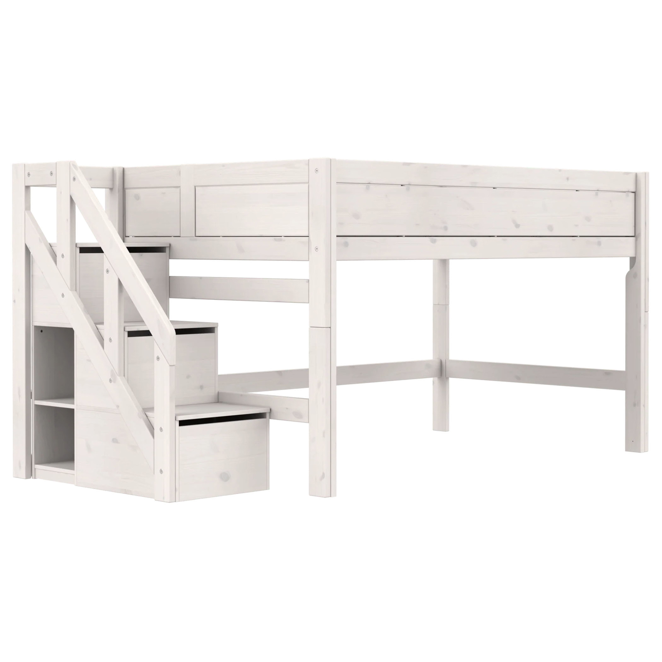 Halbhohes Bett mit Treppe 120x200cm Rollrost, Weiss lasiert