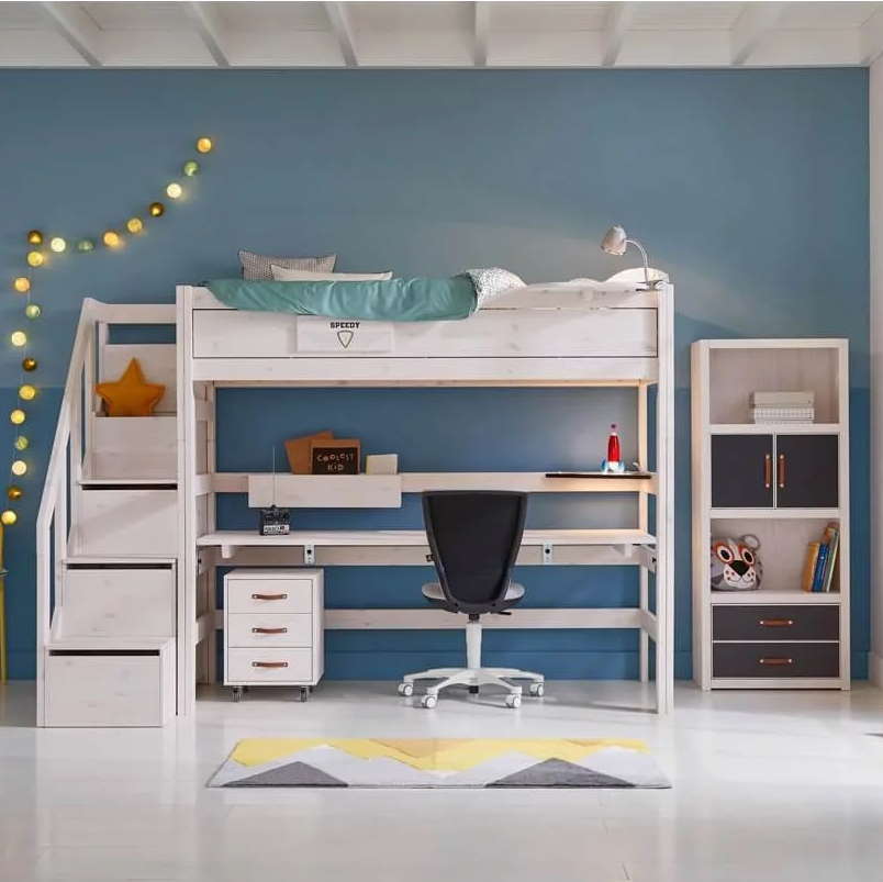 Hochbett mit Treppe 90x200cm Rollrost, Weiss lasiert #2