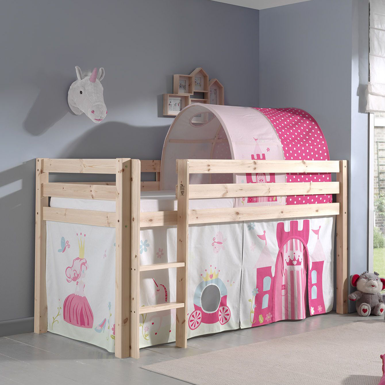 Halbhohes Bett Princess Holz, mit Spielvorhang und Höhle #2