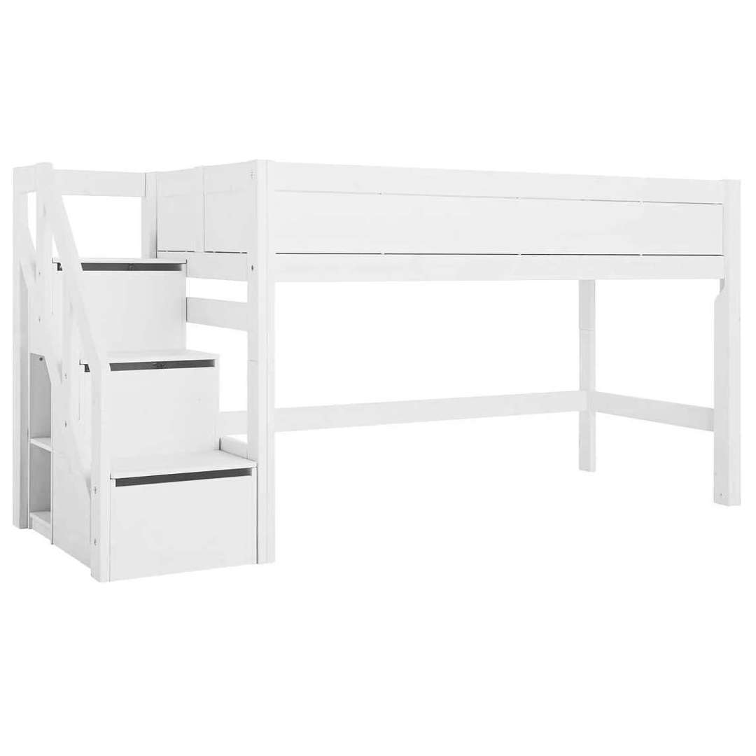 Halbhohes Bett mit Treppe 90x200cm Rollrost, Weiss