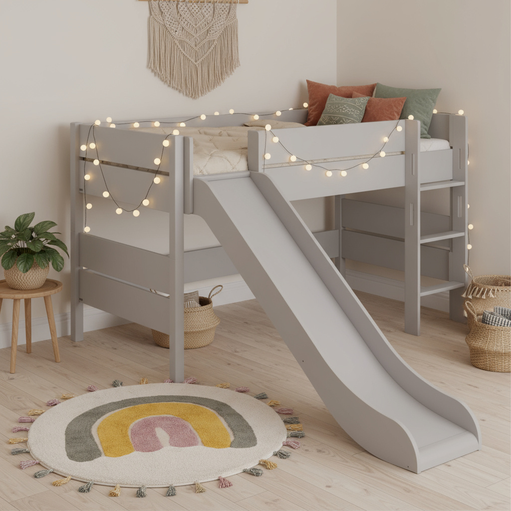 Halbhohes Bett Tiago mit Rutsche Grau, mit gerader Leiter, 120 x 200 cm 3