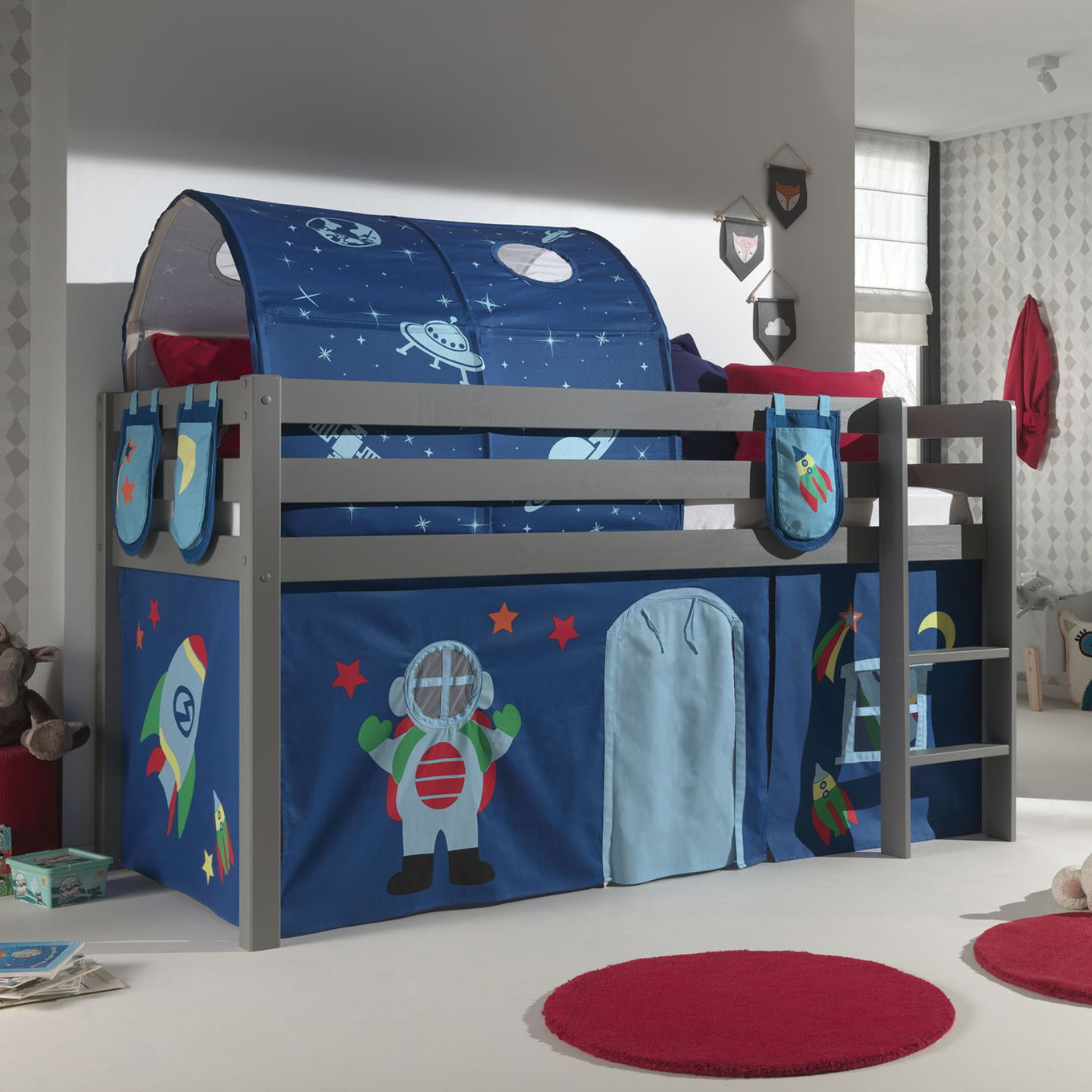 Halbhohes Bett Astro Grau, mit Spielvorhang, Höhle und Betttaschen #2