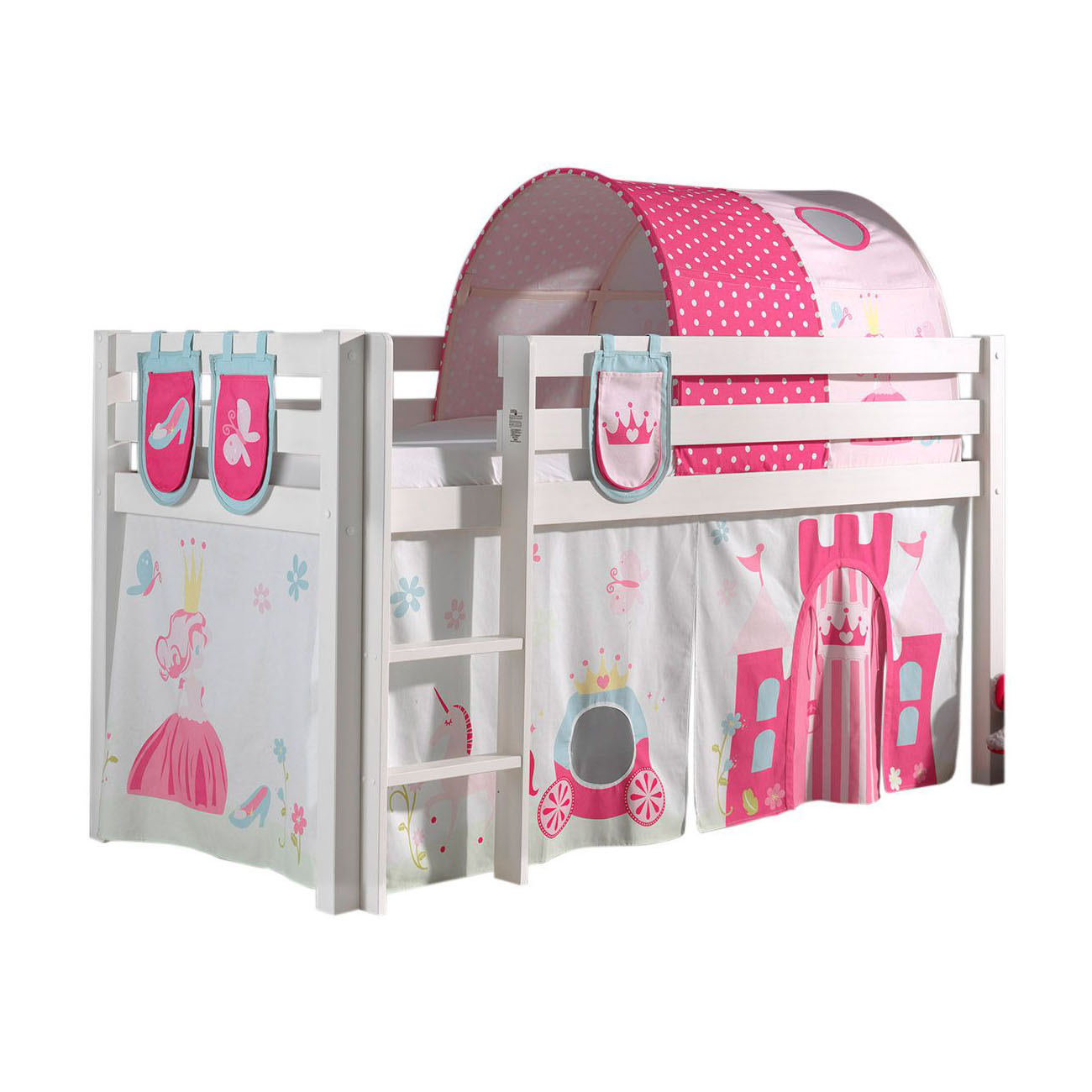 Halbhohes Bett Princess Weiss, mit Spielvorhang, Höhle und Betttaschen