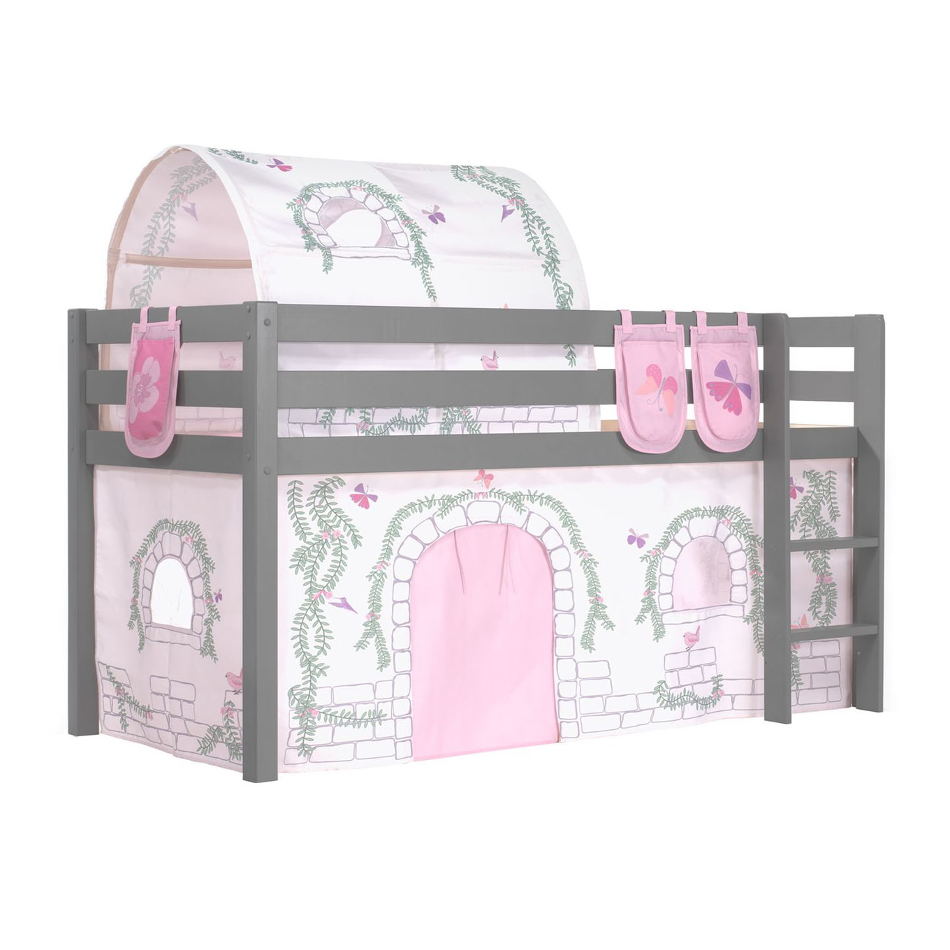 Halbhohes Bett Birdy Grau, mit Spielvorhang, Höhle und Betttaschen