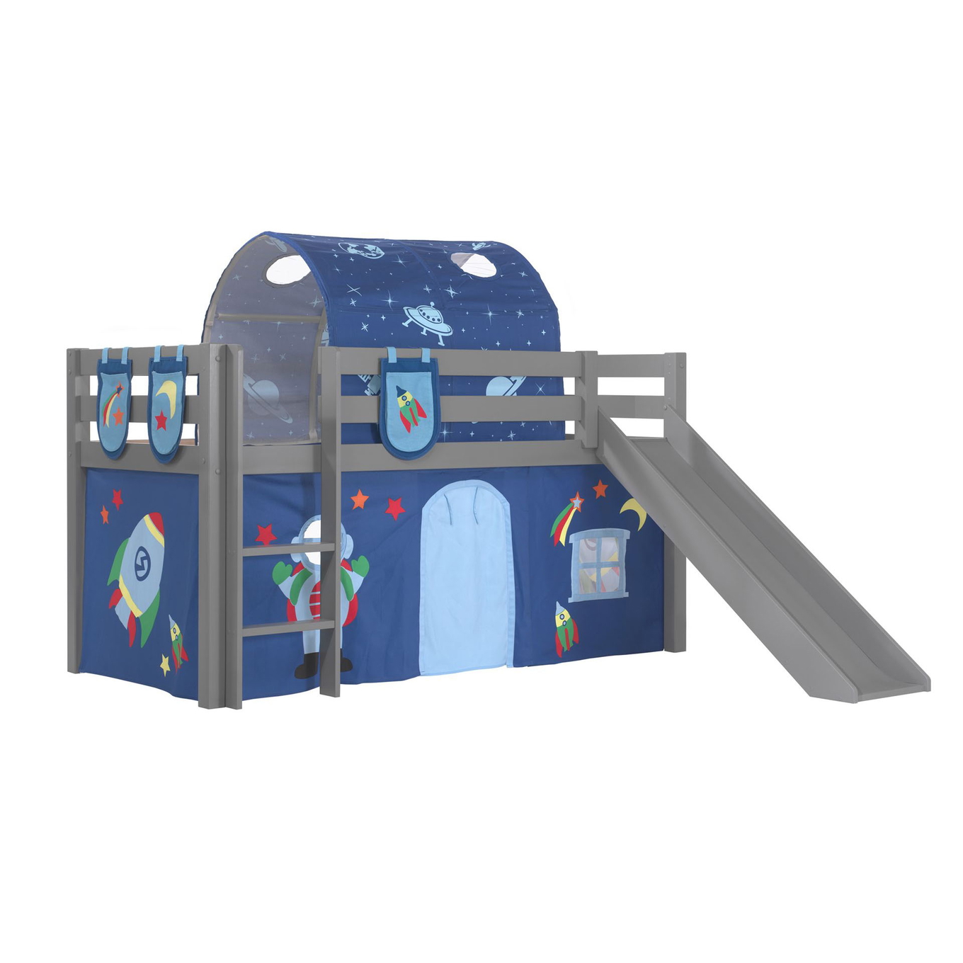 Halbhohes Bett Astro mit Rutsche Grau, mit Spielvorhang, Höhle und Betttaschen