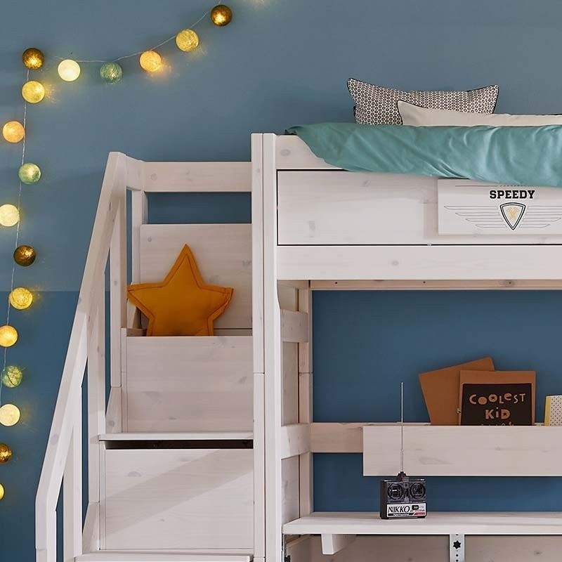 Halbhohes Bett mit Treppe 90x200cm Rollrost, Weiss lasiert #2