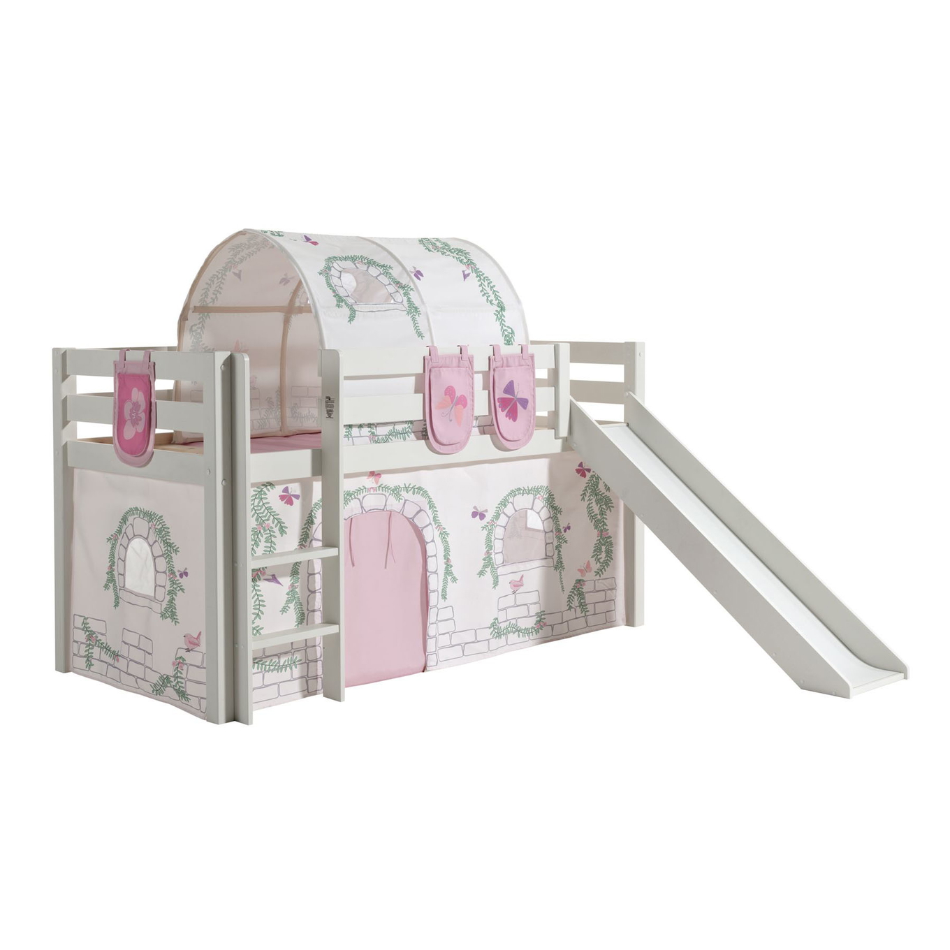 Halbhohes Bett Birdy mit Rutsche Weiss, mit Spielvorhang, Höhle und Betttaschen