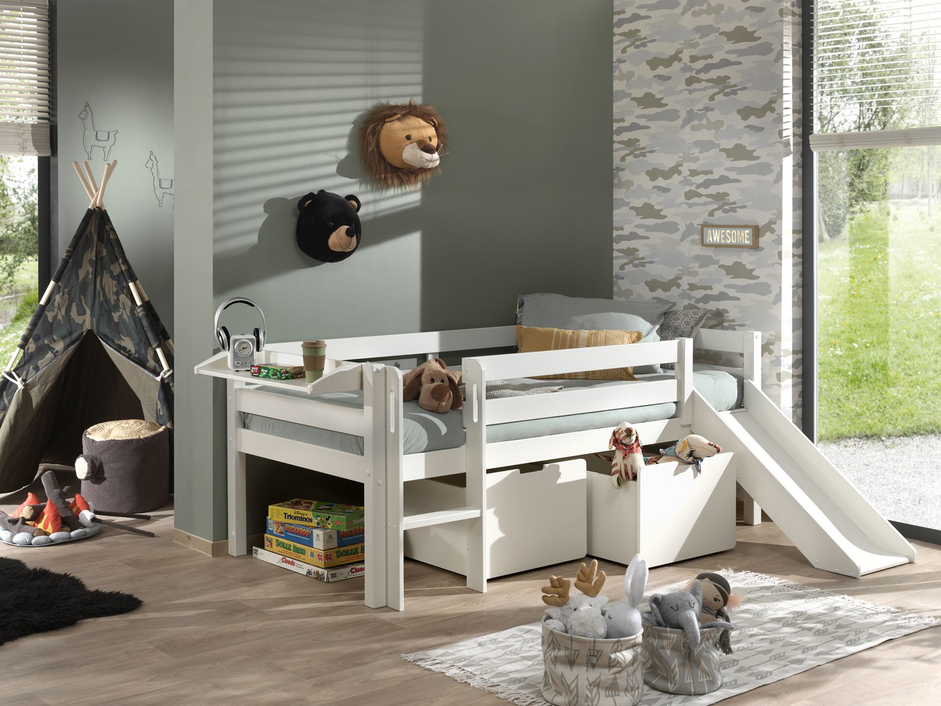 Bett Pino mit Rutsche inkl. Hängeablage & Schubladen 2er-Set Weiss 3