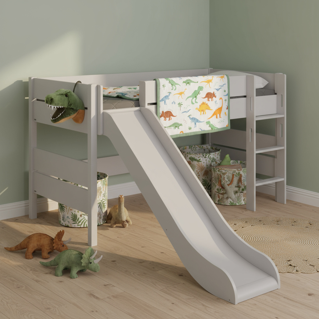 Halbhohes Bett Tiago mit Rutsche Grau, mit gerader Leiter, 90 x 200 cm #2