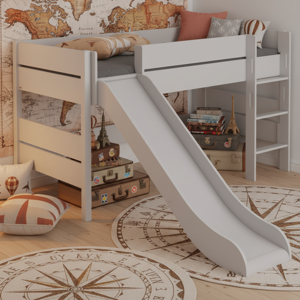 Halbhohes Bett Tiago mit Rutsche Grau, mit gerader Leiter, 90 x 200 cm 3