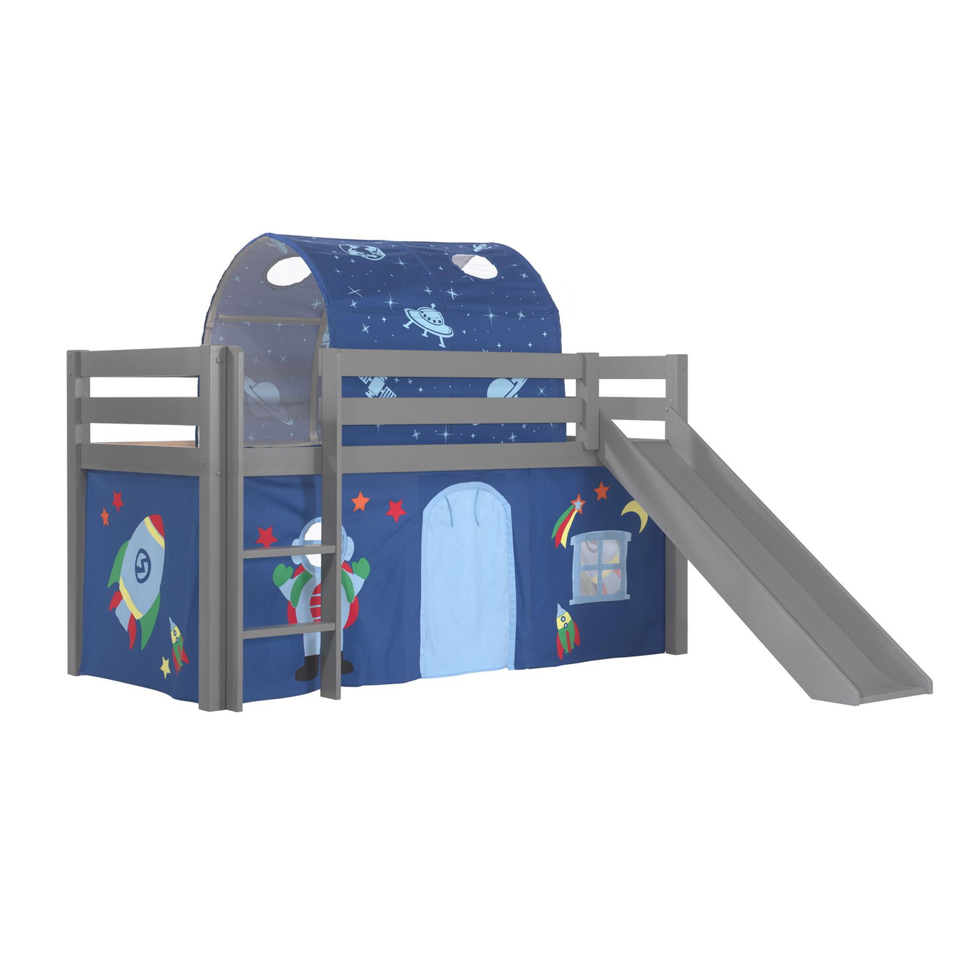 Halbhohes Bett Astro mit Rutsche Grau, mit Spielvorhang und Höhle