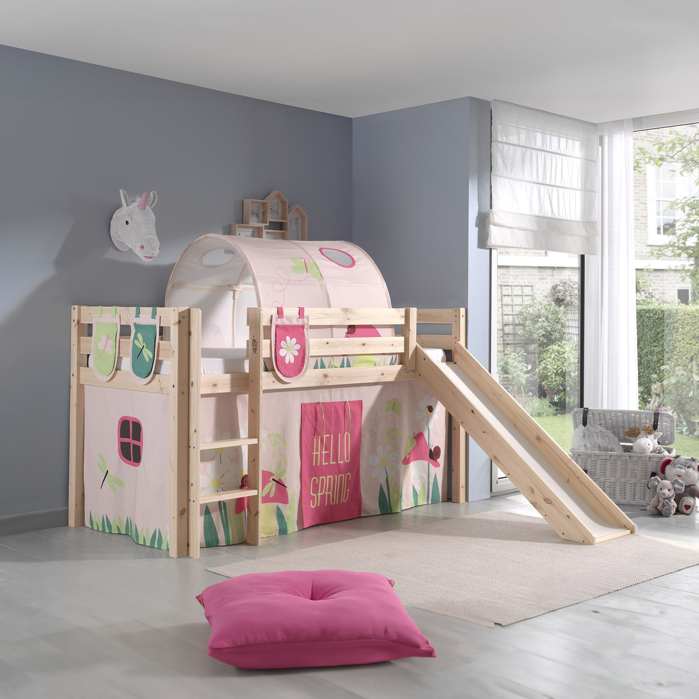 Halbhohes Bett Pino Spring mit Rutsche Holz, mit Spielvorhang, Höhle und Betttaschen #2