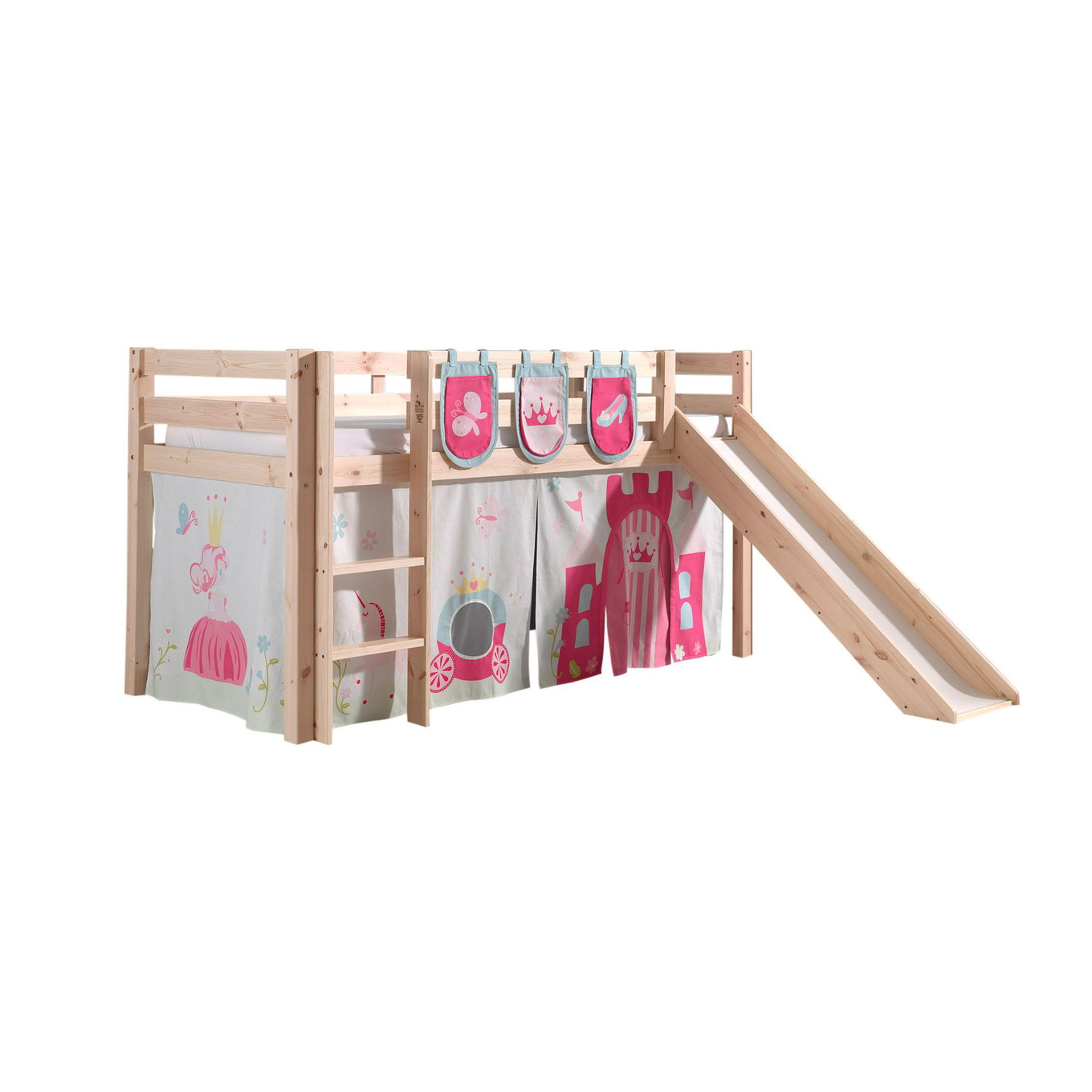 Halbhohes Bett Princess mit Rutsche Holz, mit Spielvorhang und Betttaschen
