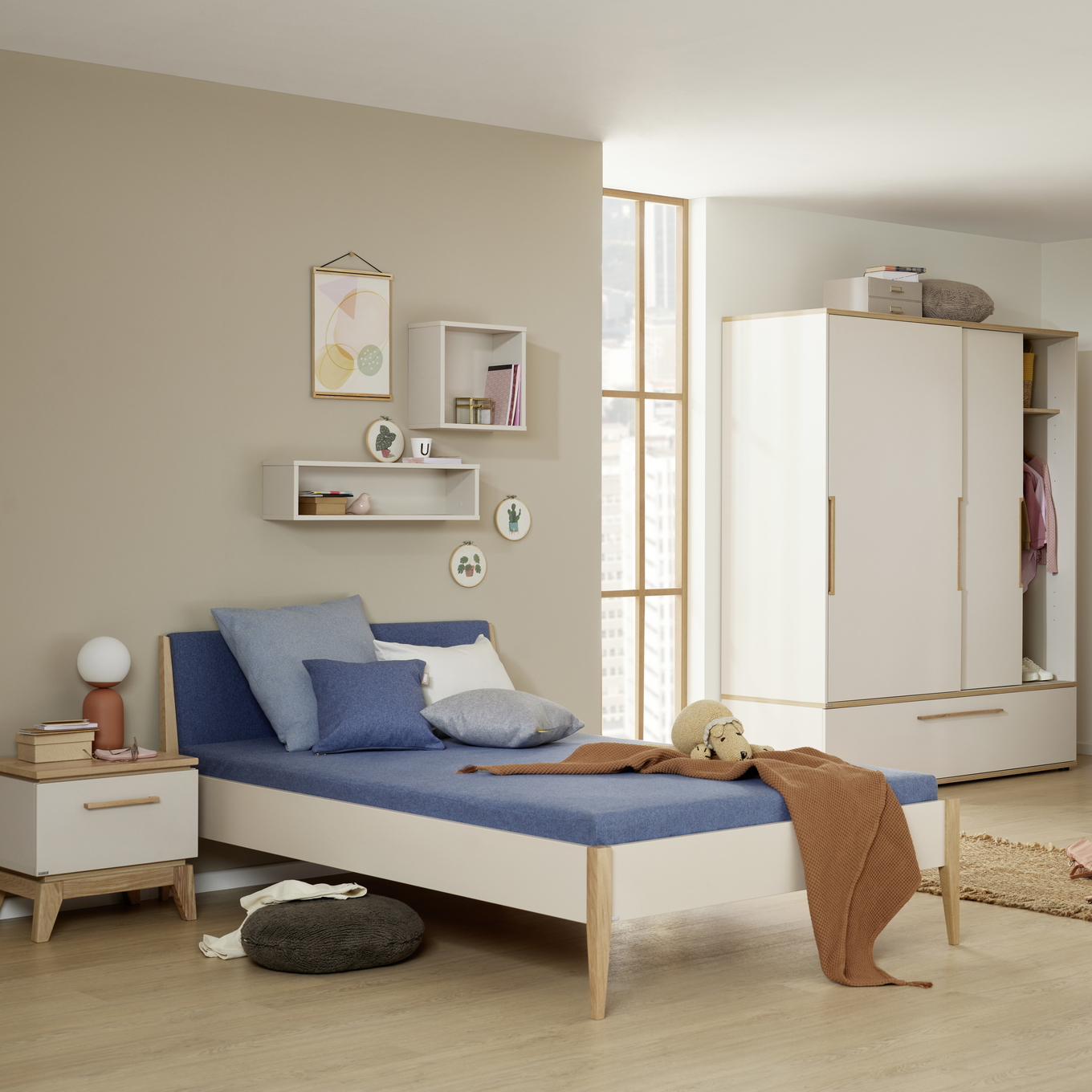 Bett Stiene mit gepolstertem Betthaupt Beige Tintenblau, 140 x 200 cm #2