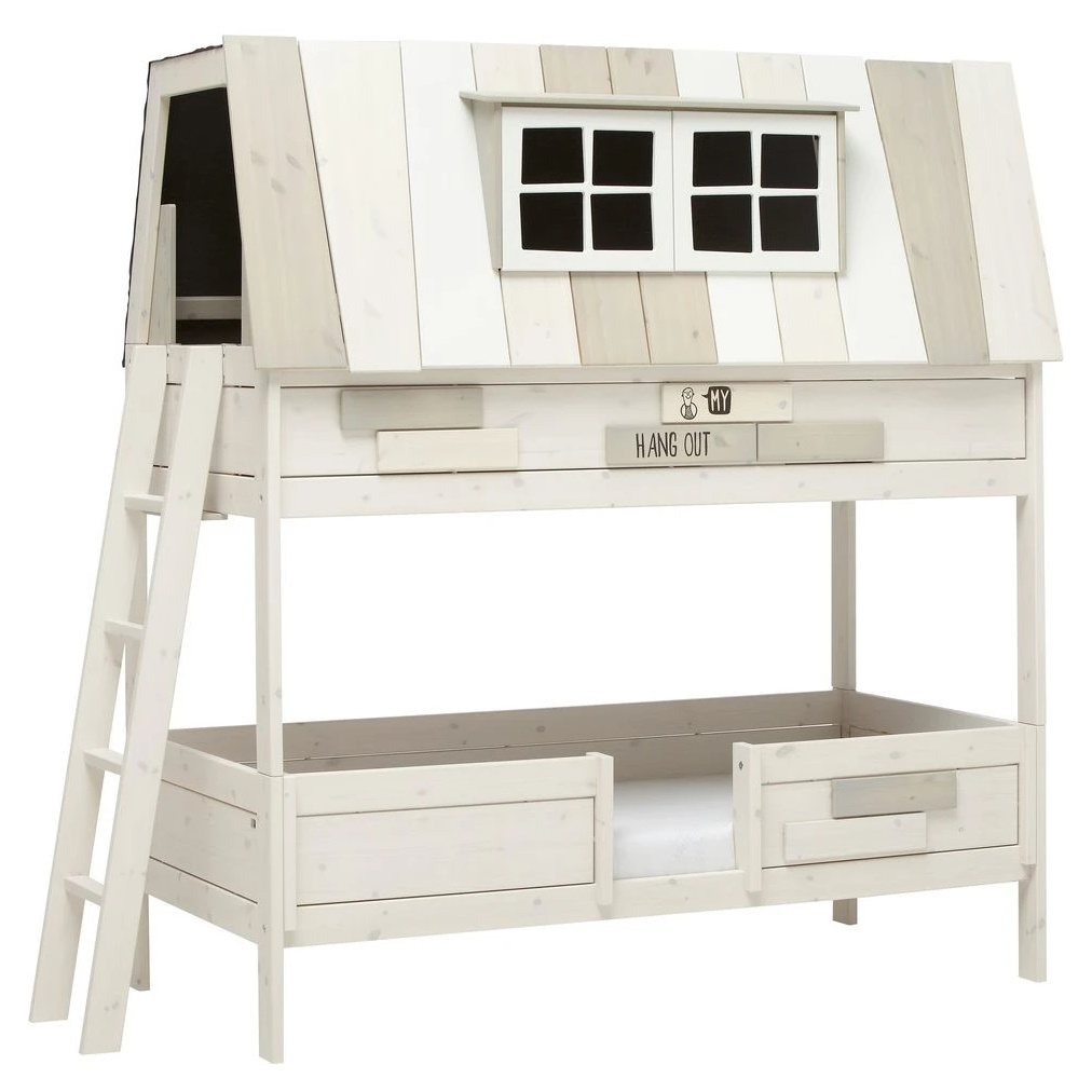 Abenteuerbett My Hangout als Etagenbett Rollrost, Weiss lasiert