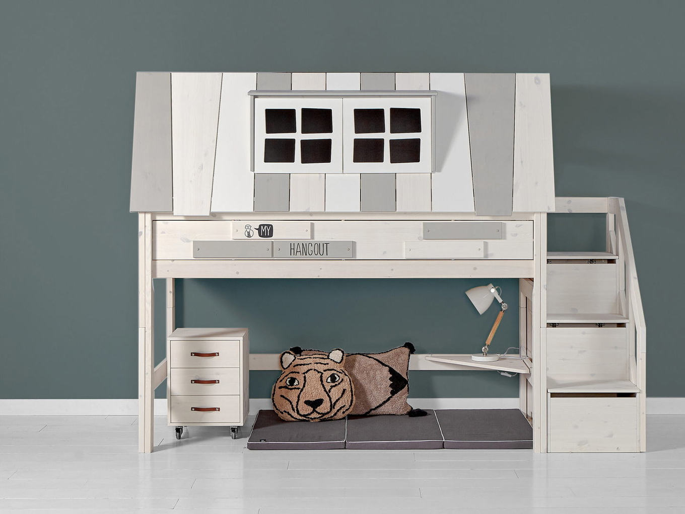 Halbhohes Abenteuerbett Hangout Rollrost, Weiss lasiert #2