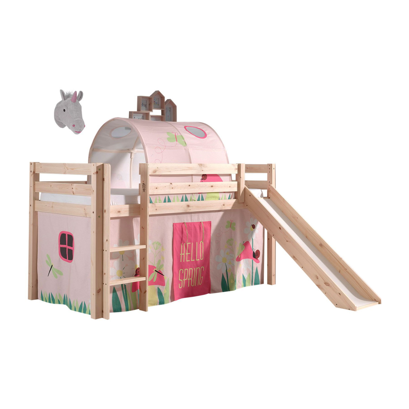 Halbhohes Bett Pino Spring mit Rutsche Holz, mit Spielvorhang und Höhle