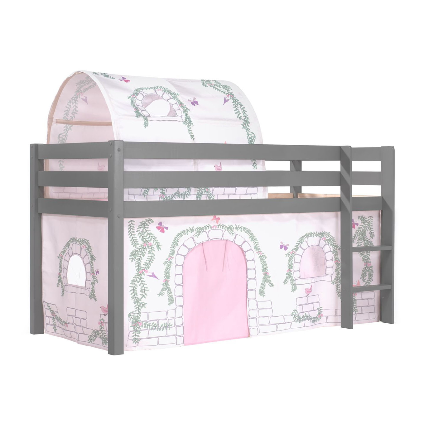 Halbhohes Bett Birdy Grau, mit Spielvorhang und Höhle