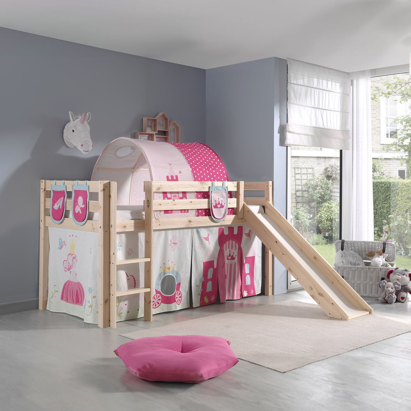 Halbhohes Bett Princess mit Rutsche Holz, mit Spielvorhang, Höhle und Betttaschen #2